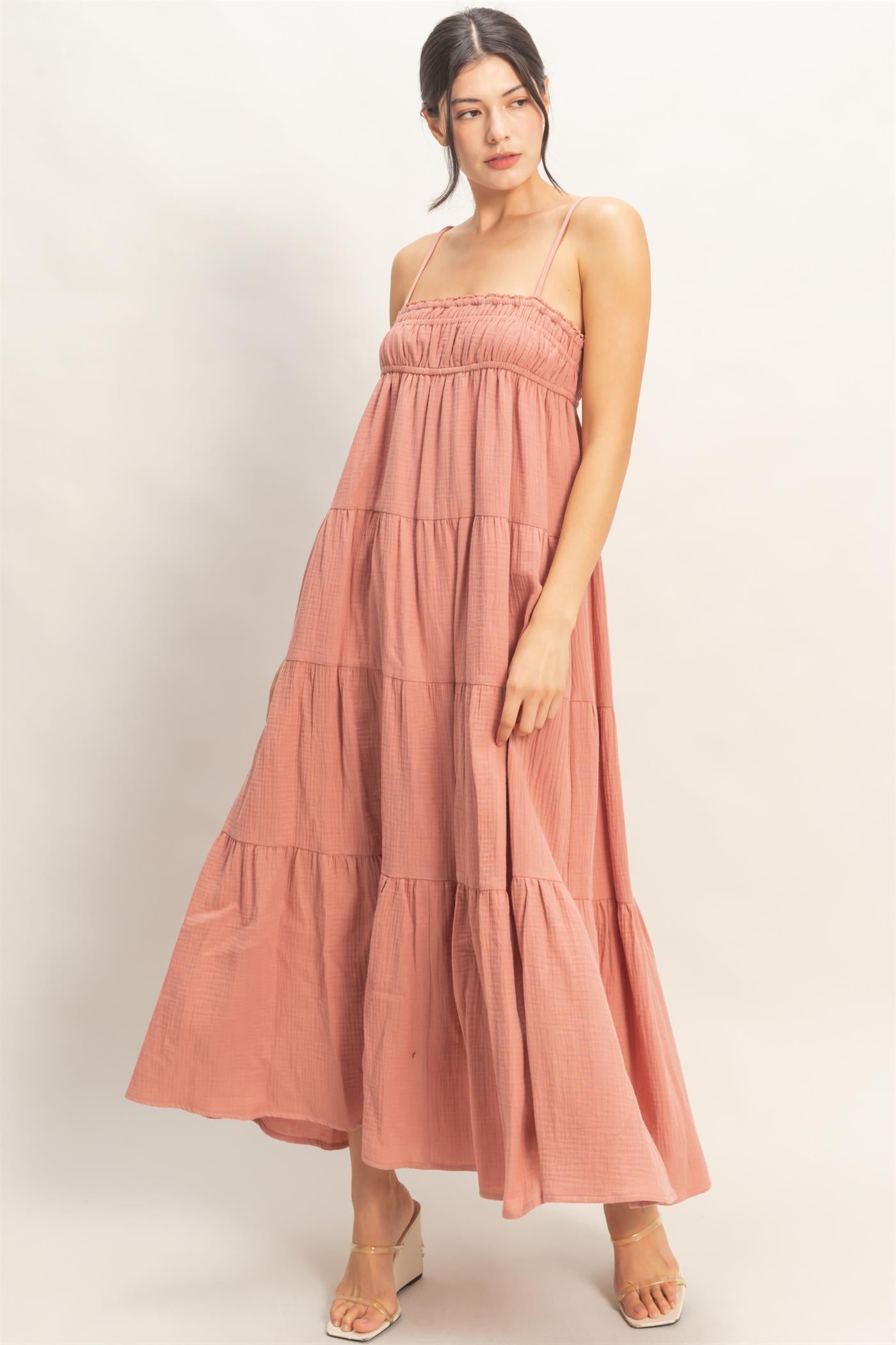 Wholesale Smocked Tiered Maxi Dress Dresses HF26C303 CLAY HYFVE