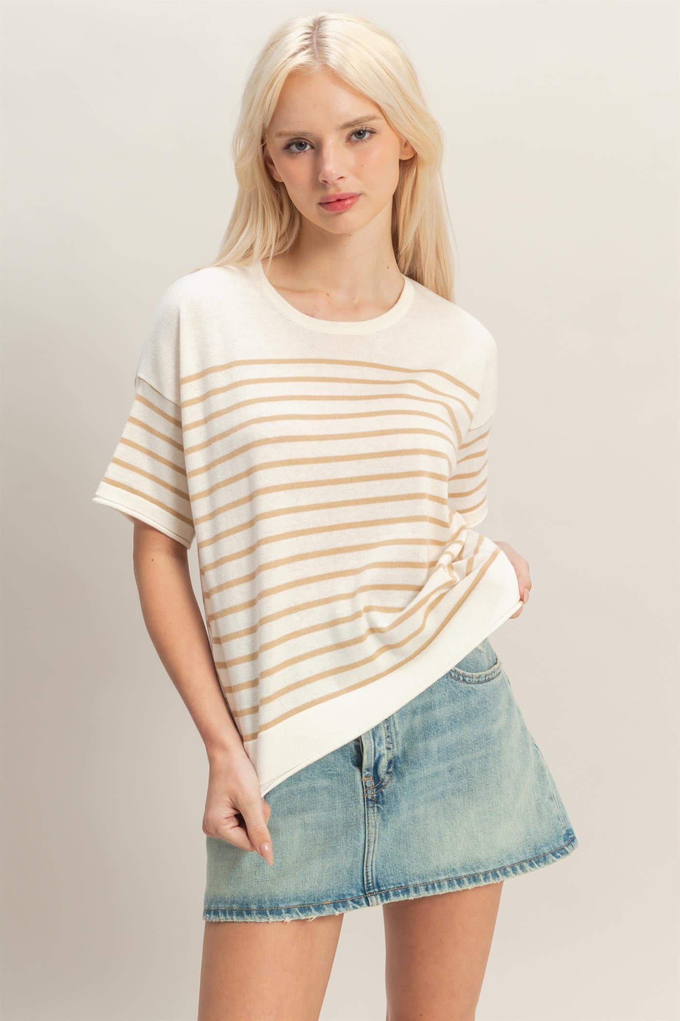 Wholesale Striped Short Sleeve Knit Top Clothing Tops DZ26A838 TAUPE DOUBLE ZERO