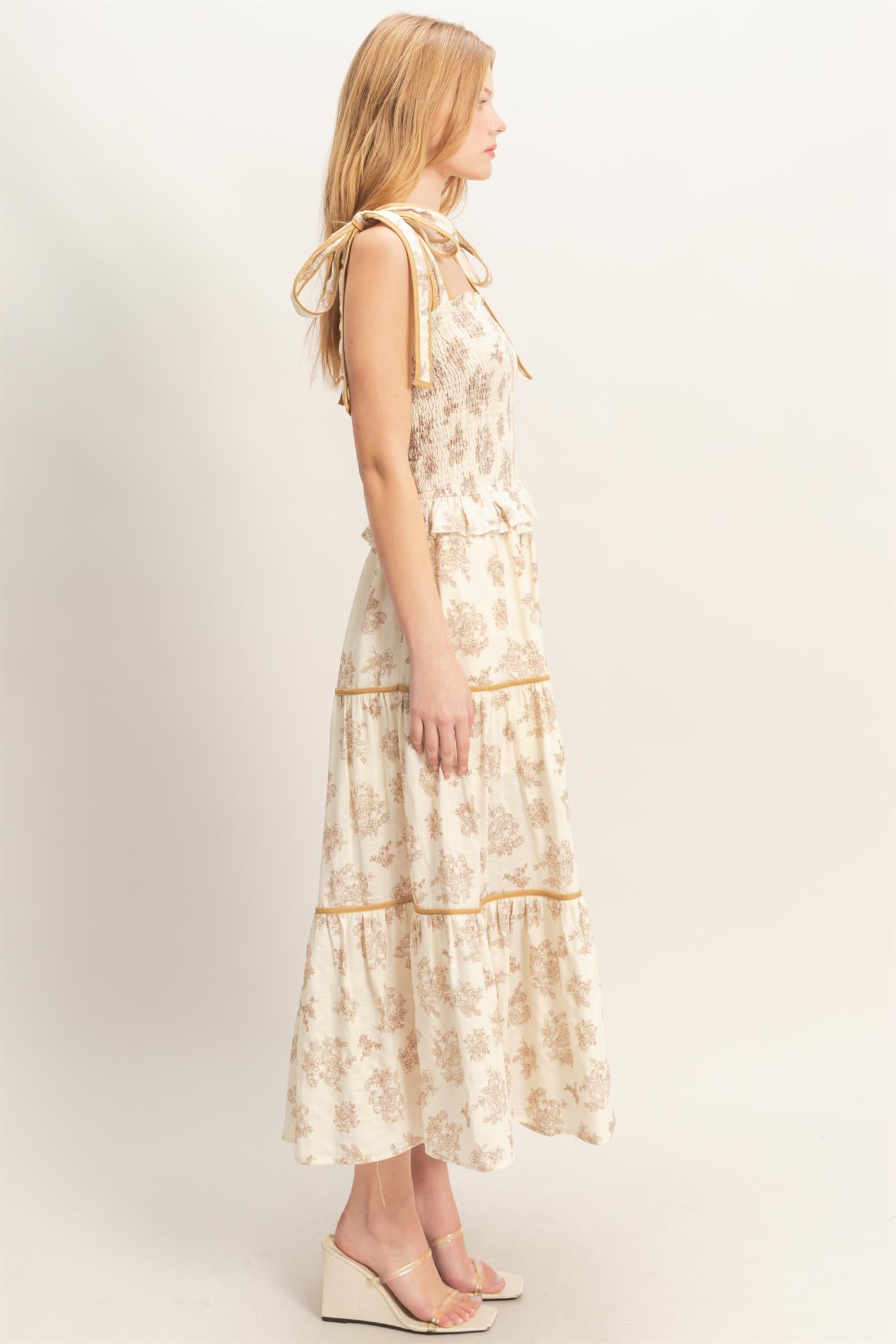 Wholesale Floral Tiered Sundress Dresses HF26A492-D BEIGE HYFVE