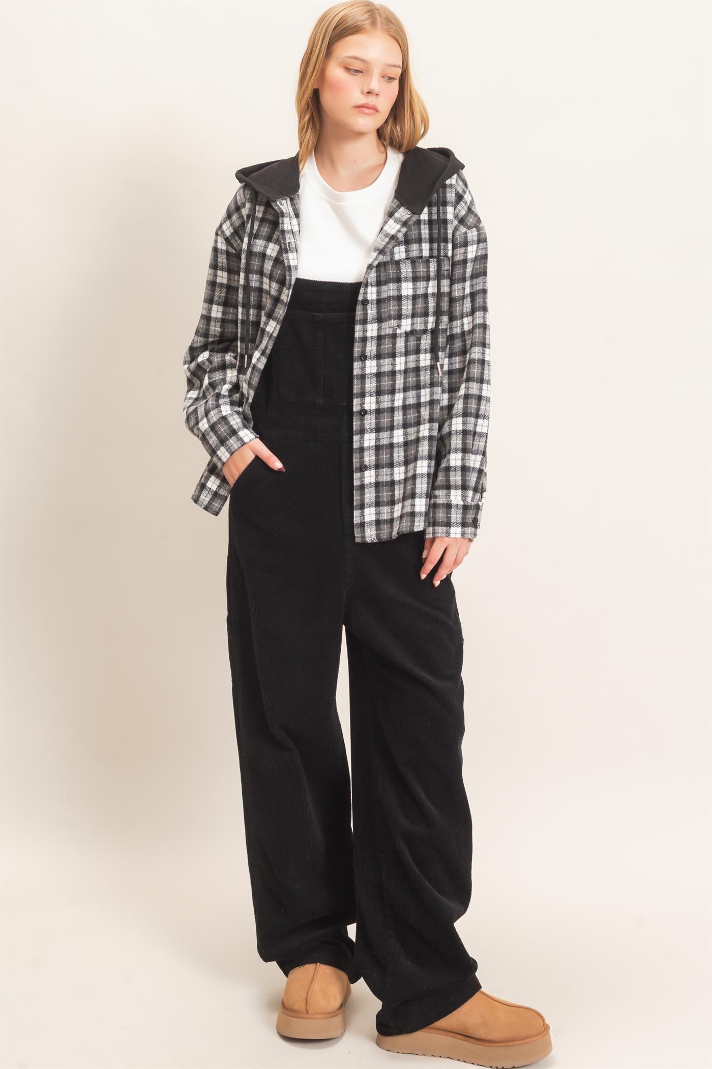 Wholesale Hooded Plaid Button-Up Shirt Shirts HF26F018 BLACK HYFVE