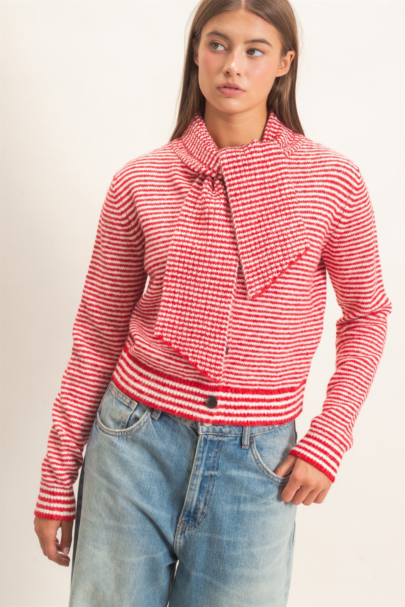 Wholesale Striped Cardigan With Scarf Cardigans DZ26E930 RED DOUBLE ZERO