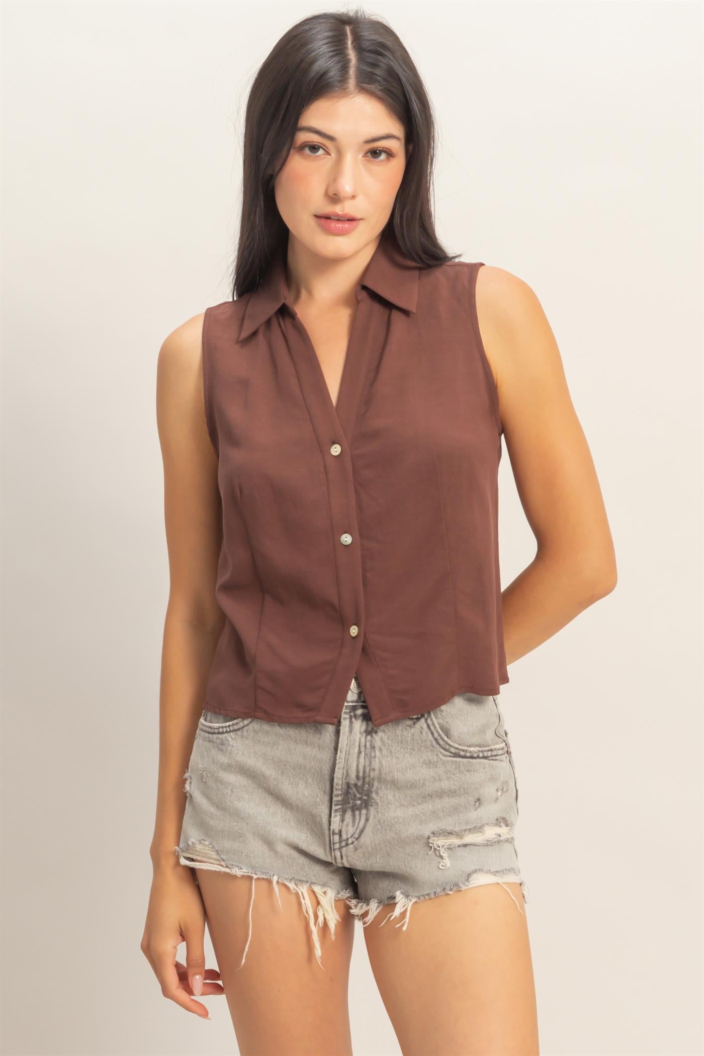 Wholesale Sleeveless Lyocell Linen Button Front Top Clothing Tops DZ26C189 CHOCOLATE DOUBLE ZERO