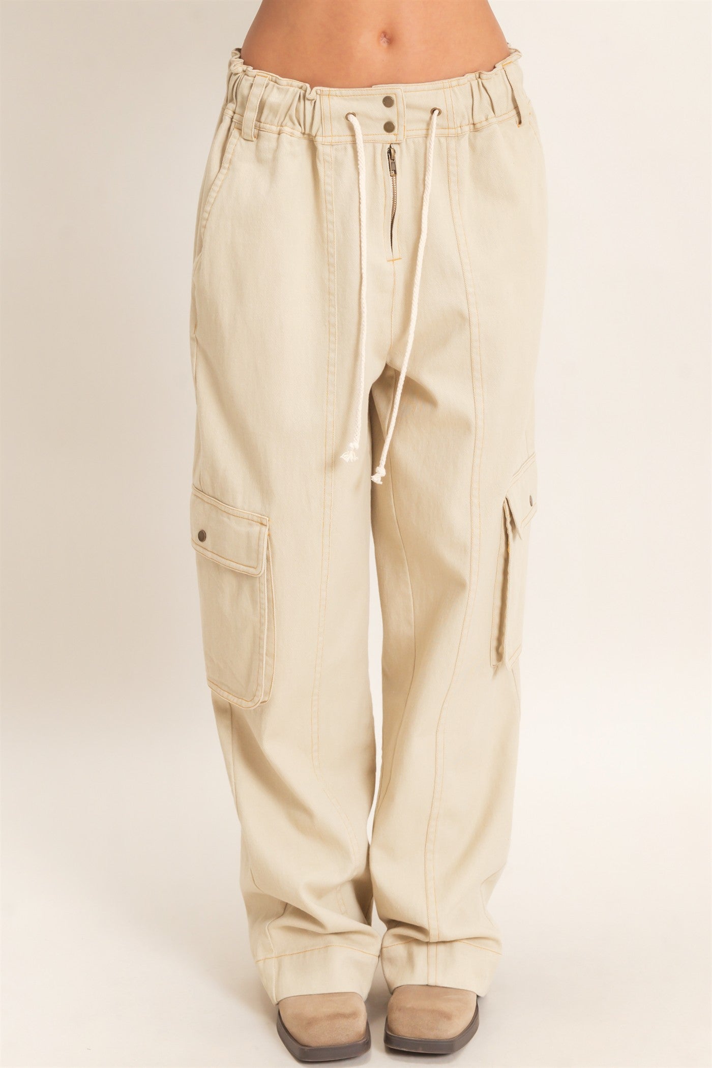 Wholesale Drawstring Cargo Denim Pants Pants HF26E182 BEIGE HYFVE