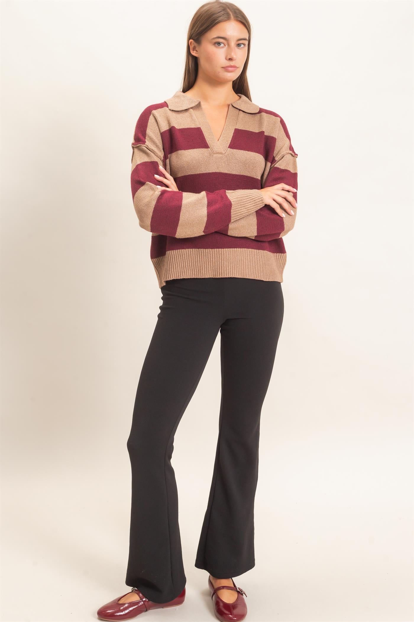 Wholesale Rugby Stripe Polo Sweater Sweaters DZ26E297 BURGUNDY DOUBLE ZERO