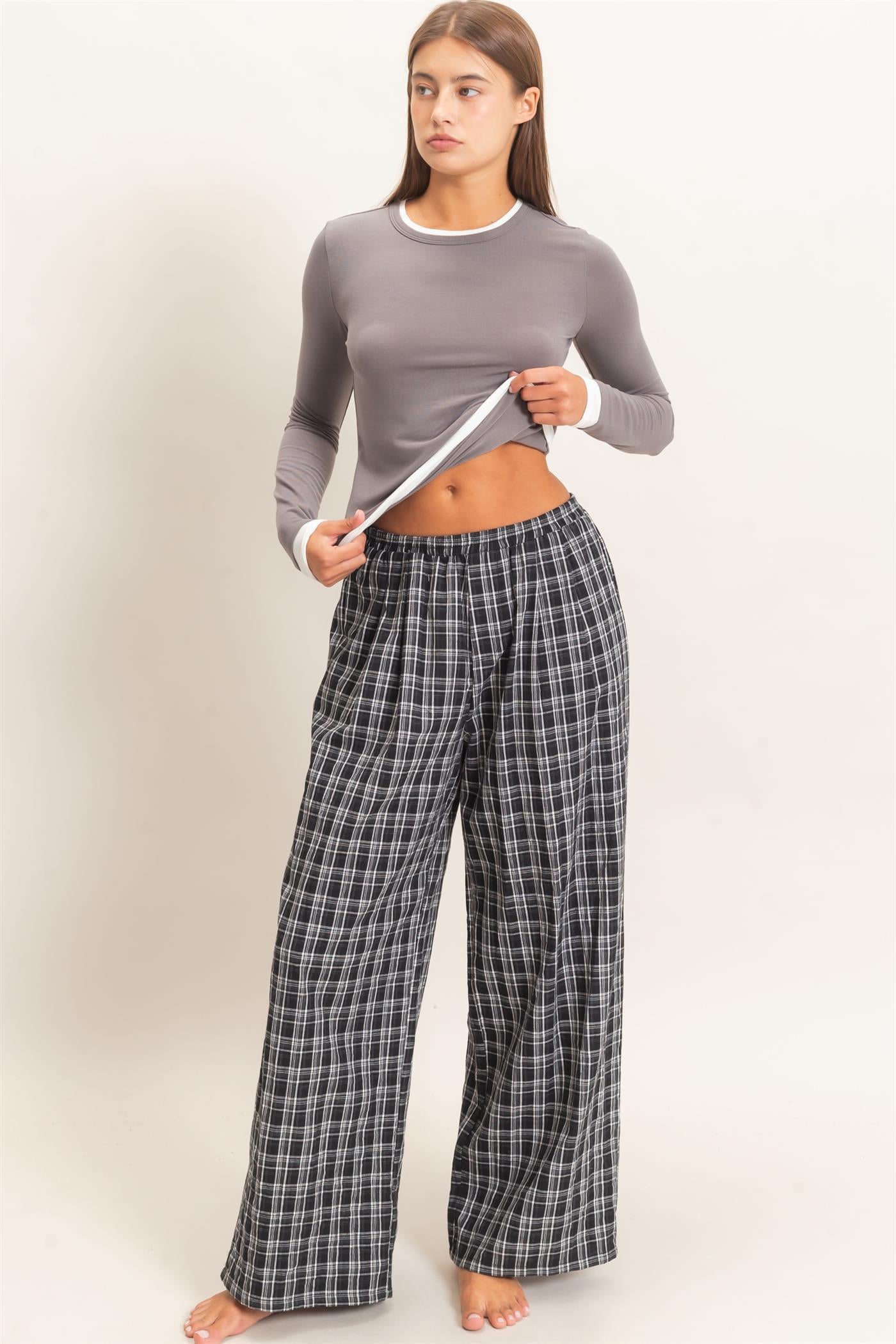 Wholesale Elastic Waist Plaid Pants Pants DZ26E375 BLACK DOUBLE ZERO