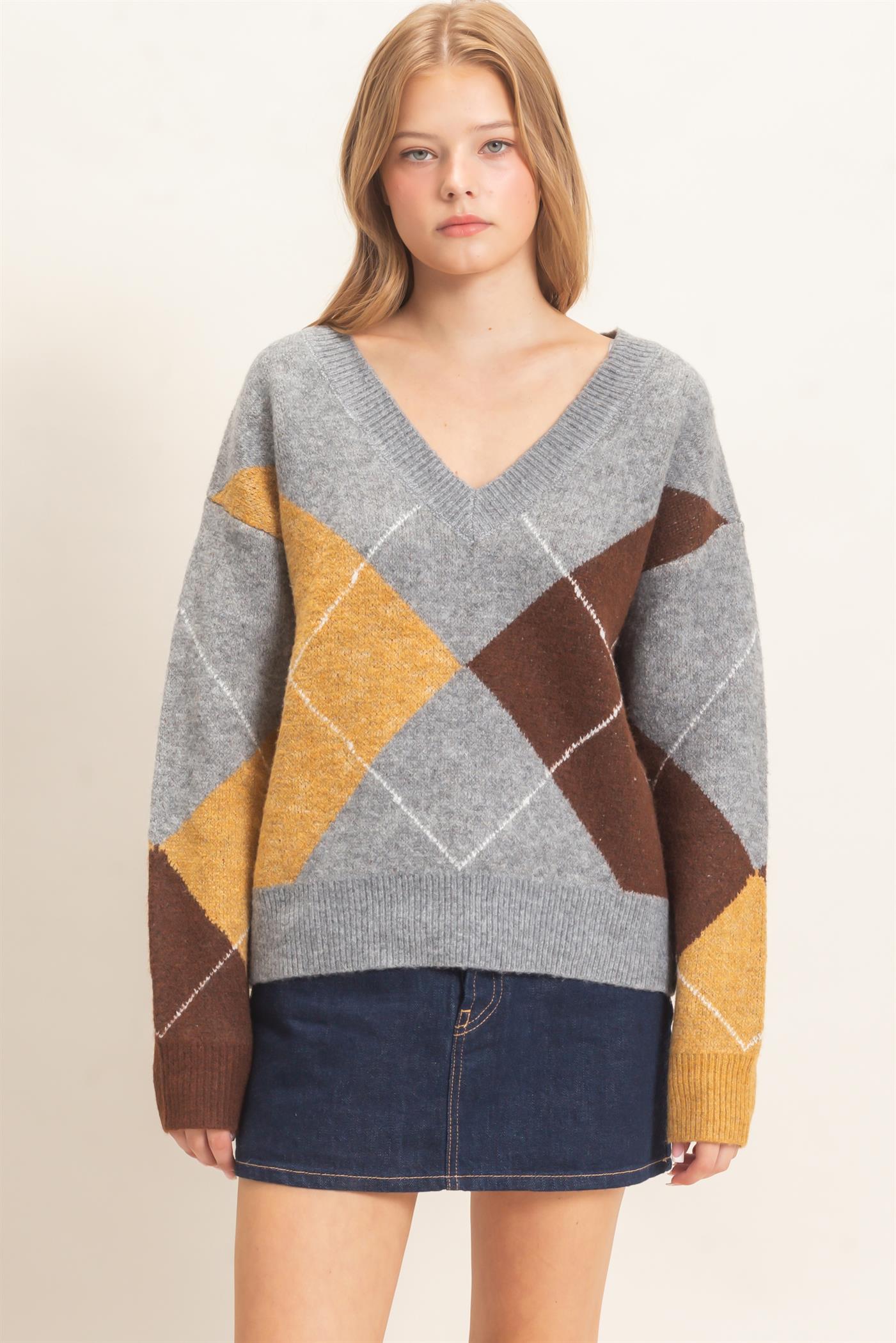 Wholesale Argyle Pattern V-Neck Sweater Sweaters HF26E475 HEATHER GRAY HYFVE