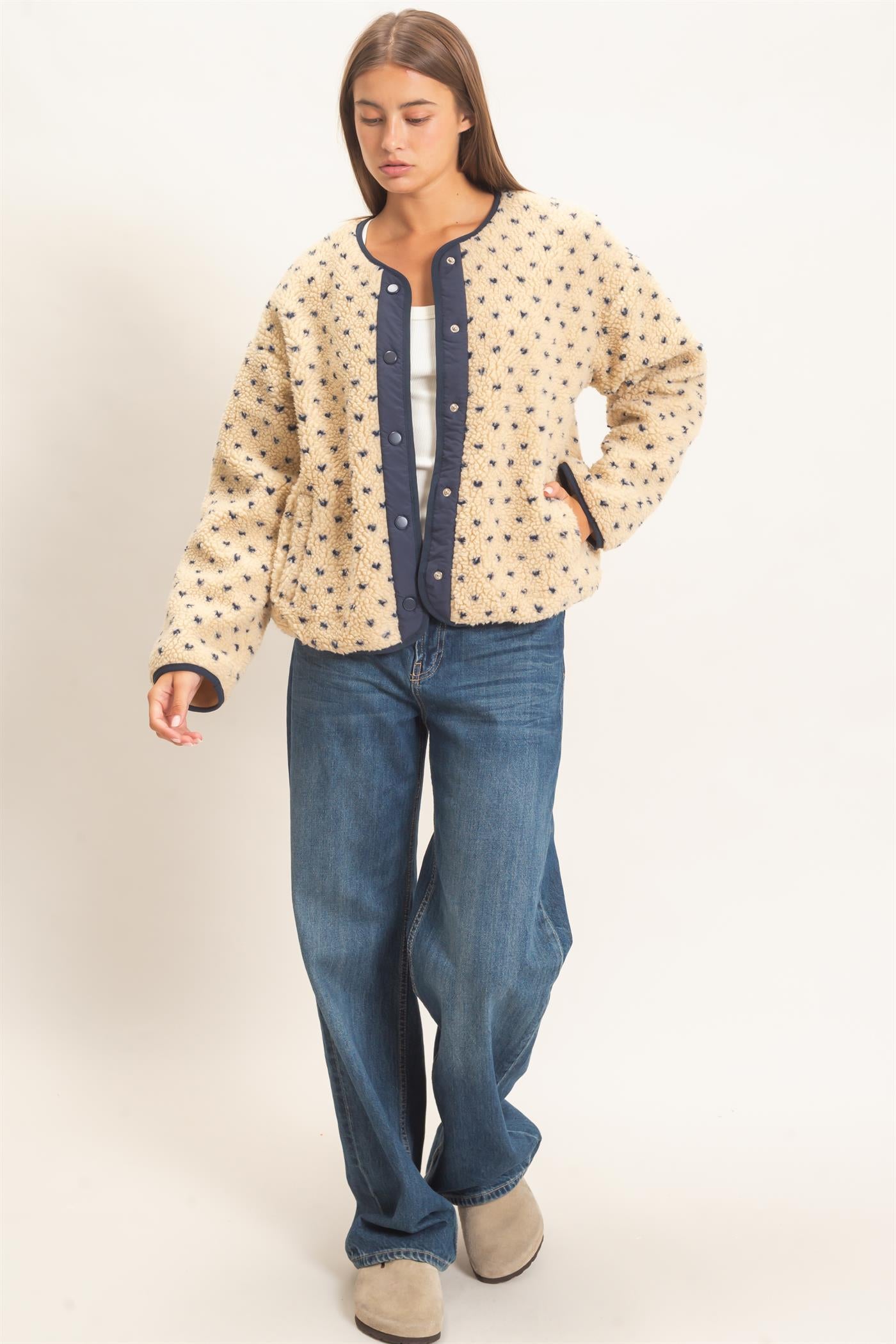 Wholesale Polka Dot Sherpa Jacket Coats & Jackets DZ26F160 NAVY DOUBLE ZERO