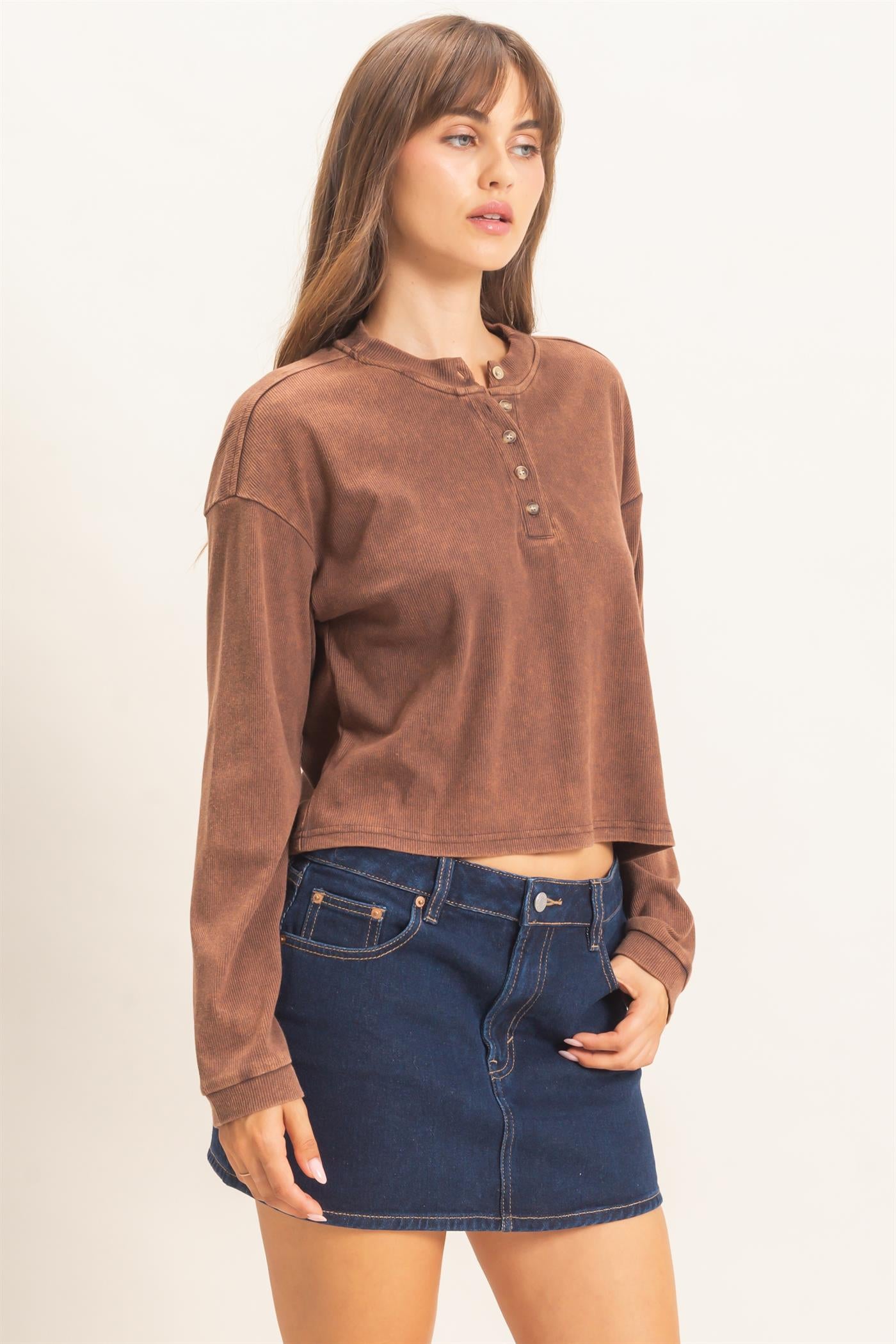 Wholesale Buttoned Henley Top Clothing Tops HF26F081 BROWN HYFVE