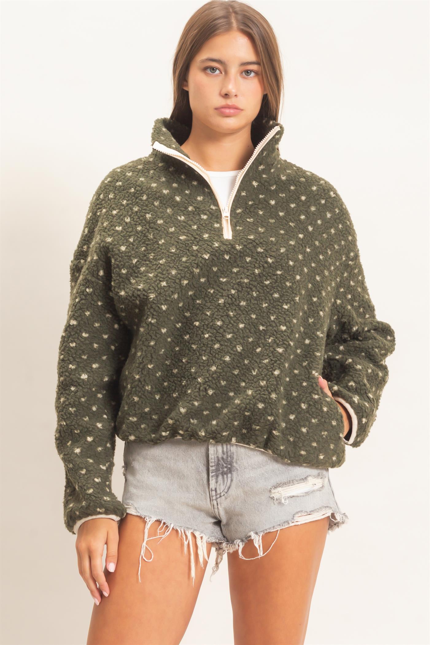 Wholesale Polka Dot Sherpa Half-Zip Pullover Coats & Jackets DZ26F161 DARK OLIVE DOUBLE ZERO