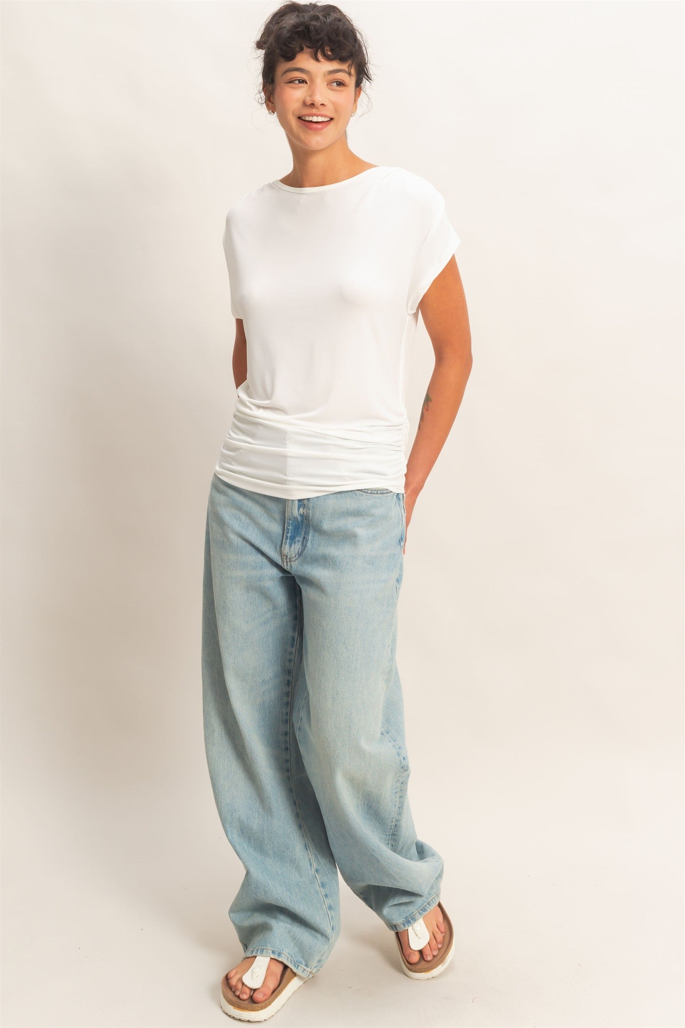 Wholesale Cowl Back Draped Cap Sleeve Top Clothing Tops DZ26C025 WHITE DOUBLE ZERO