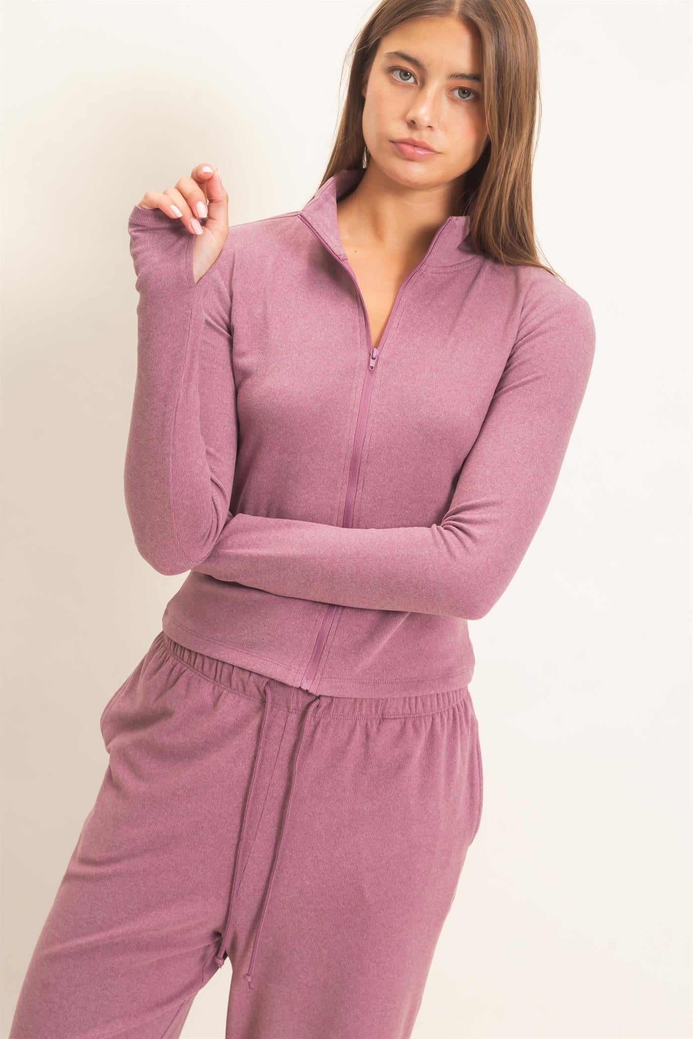 Wholesale Mock Neck Long Sleeve Zip Up Top Clothing Tops DZ26E911 PLUM DOUBLE ZERO