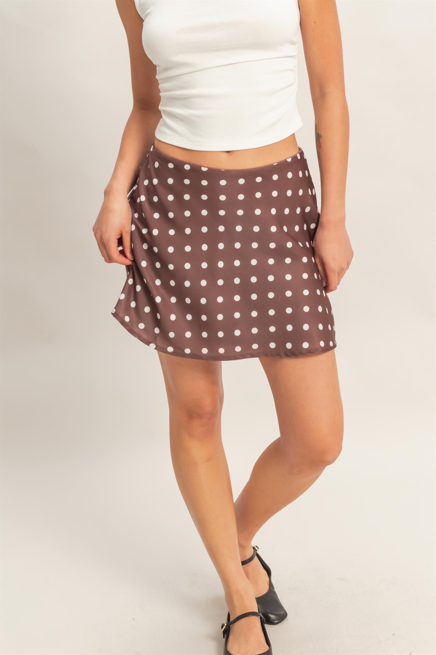 Wholesale Satin Polka Dot Mini Skirt Skirts DZ26C207 CHOCOLATE DOUBLE ZERO