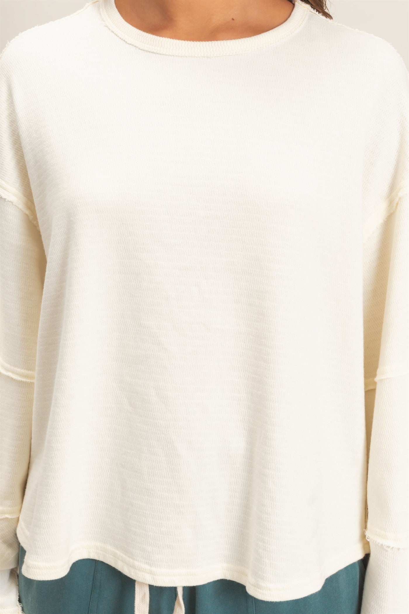 Wholesale Mineral Wash Overzised Raw Edge Crew Neck Top Clothing Tops DZ26E449 CREAM DOUBLE ZERO