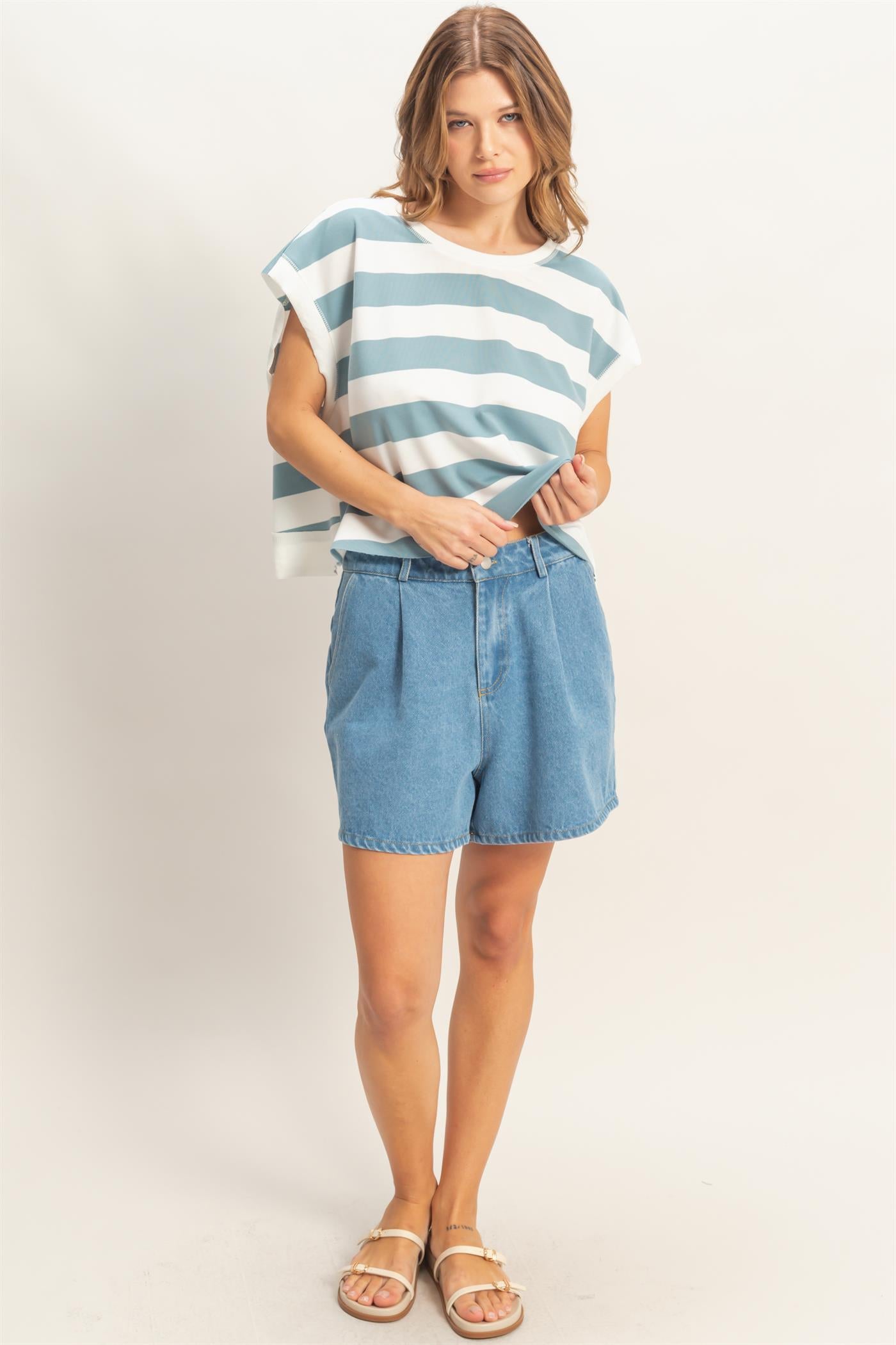 Wholesale Striped Boxy Crew Neck Top Clothing Tops HF26C391 LIGHT BLUE HYFVE