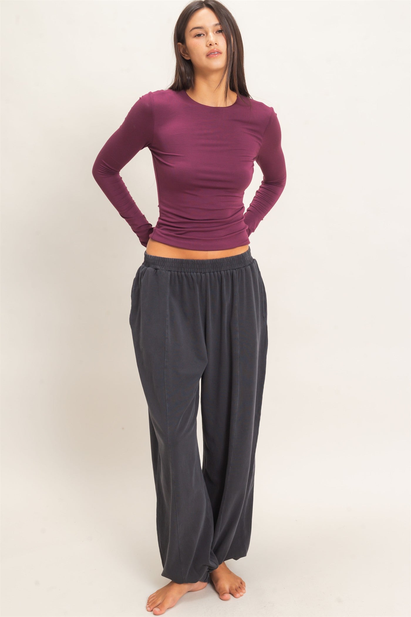 Wholesale Crew Neck Long Sleeve Top Clothing Tops DZ26E978 DARK CHERRY DOUBLE ZERO