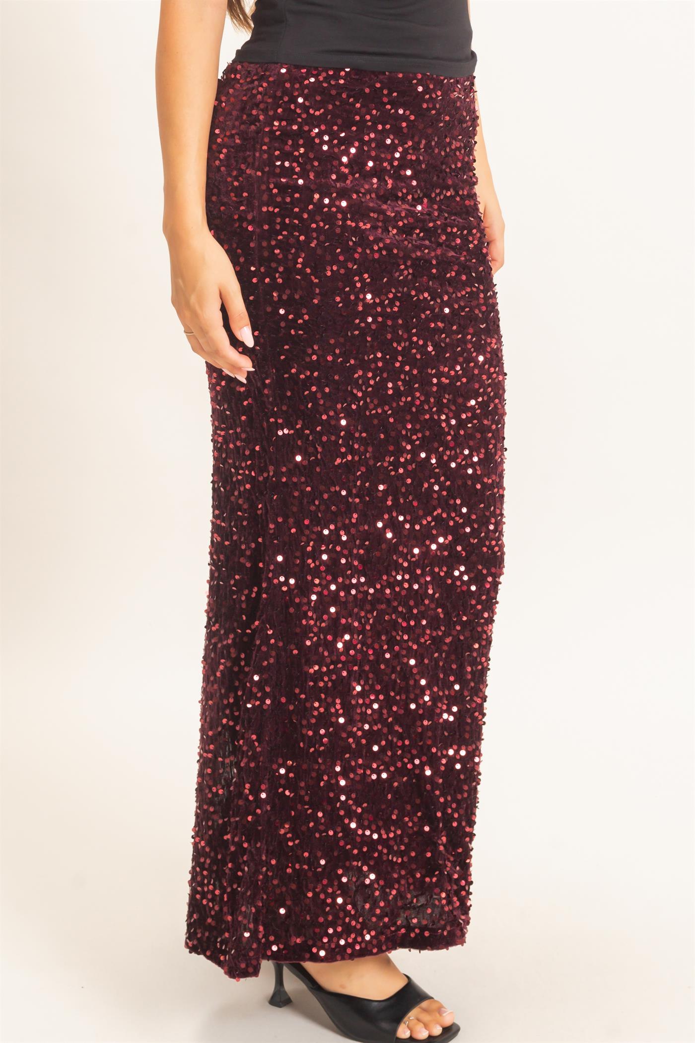 Wholesale Sequin Midi Skirt Skirts HF26F121 BURGUNDY HYFVE