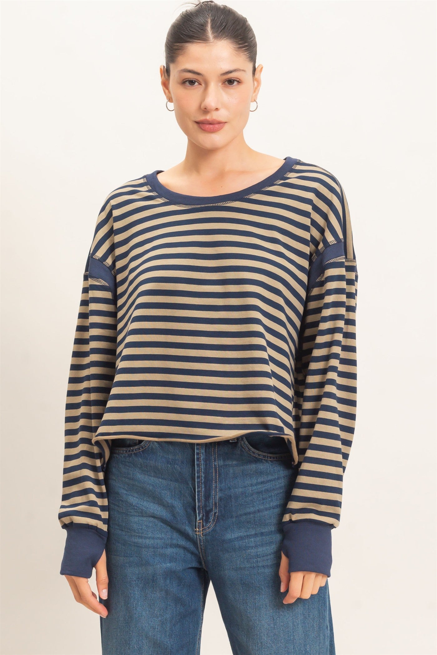 Wholesale Striped Long Sleeve Top Clothing Tops HF26C908-D NAVY HYFVE