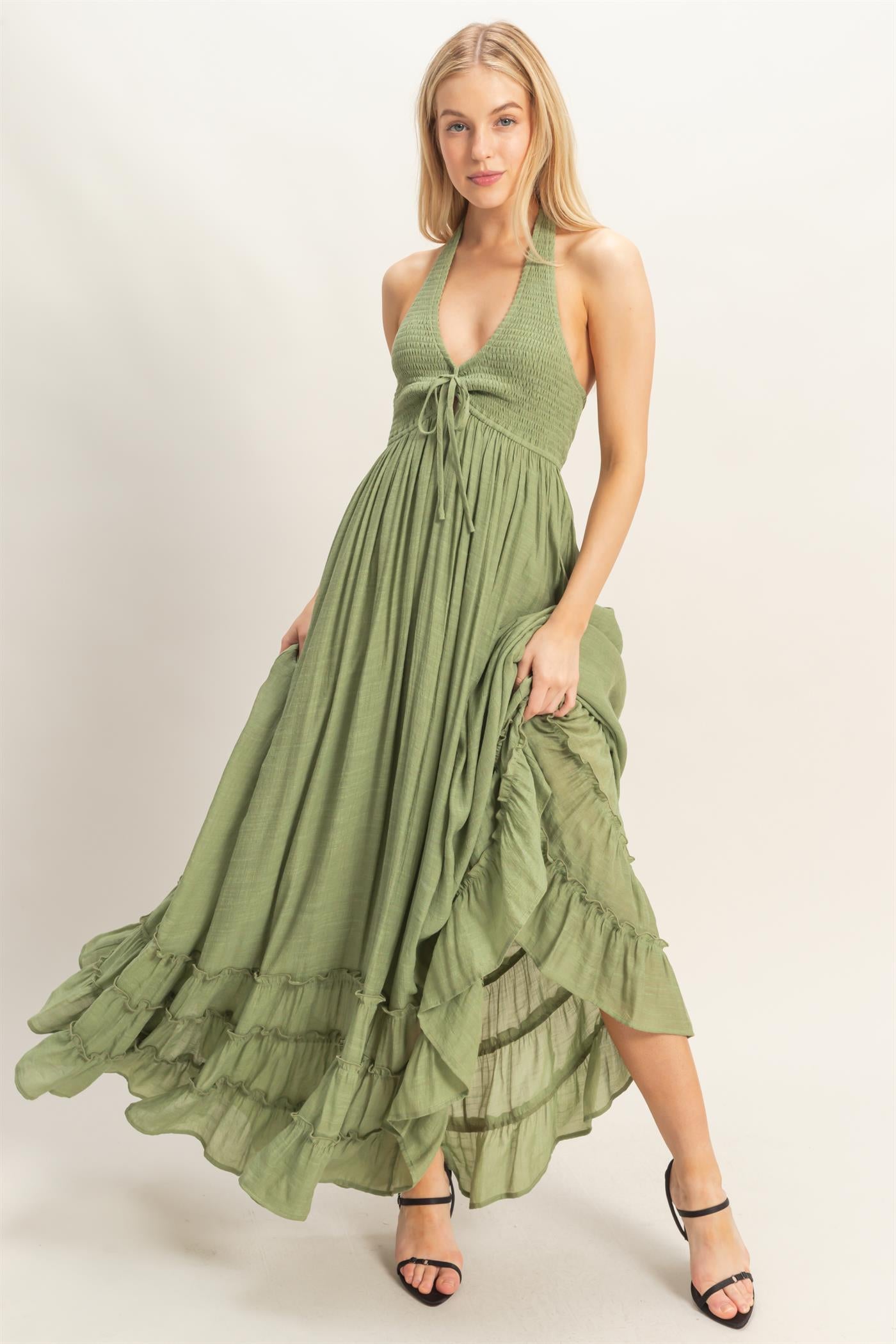 Wholesale Halter Neck Smocked Maxi Dress Dresses HF26C287-D LIGHT OLIVE HYFVE
