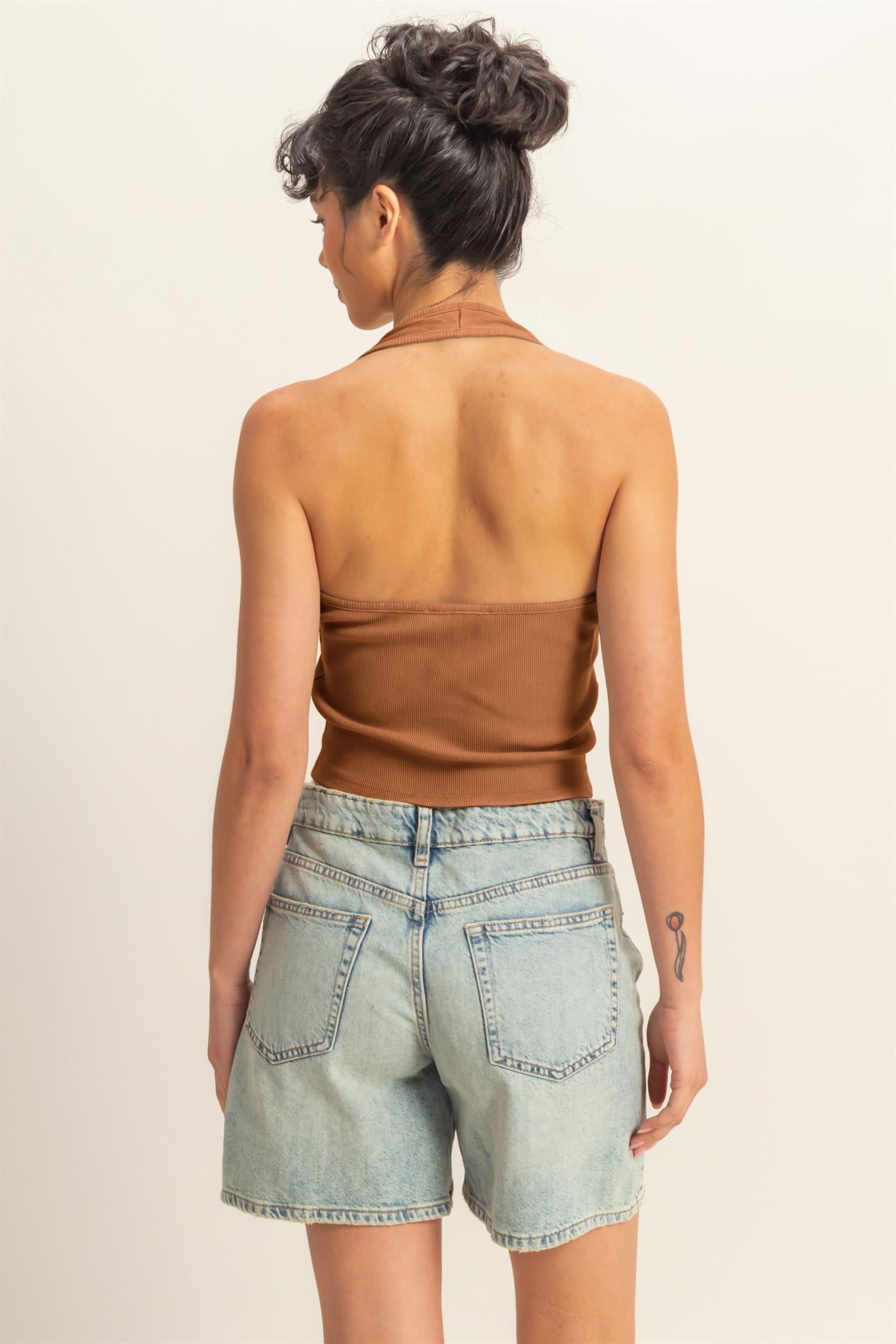 Wholesale Halter Neck Buttoned Washed Tank Top Clothing Tops DZ25A293 CHESTNUT DOUBLE ZERO