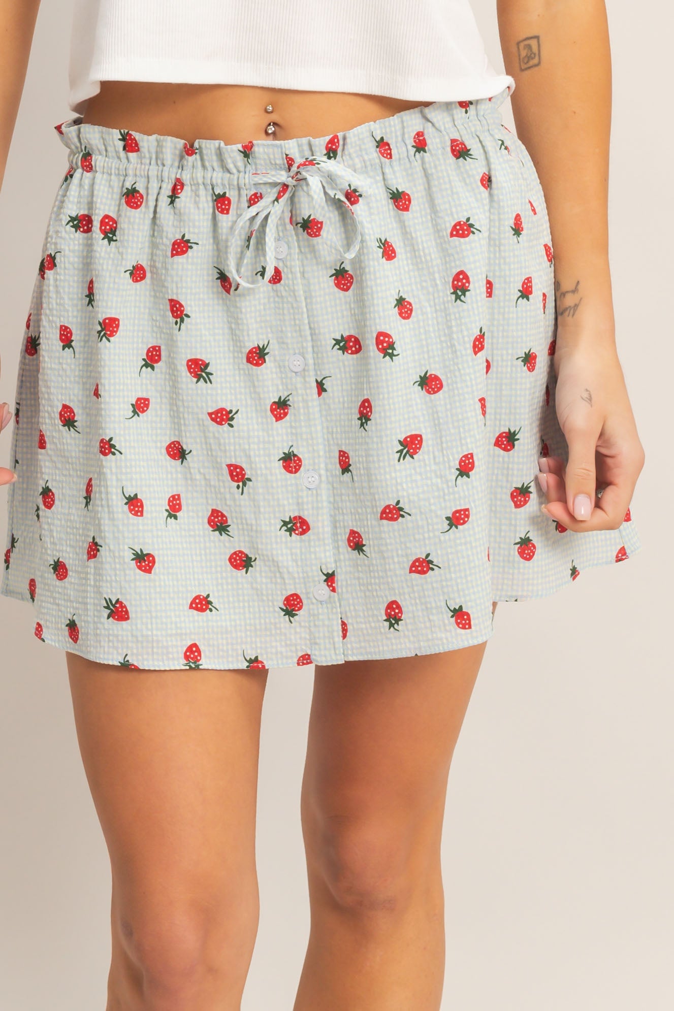 Wholesale Strawberry Print Gingham A-Line Skirt Skirts HF26A598 BLUE HYFVE