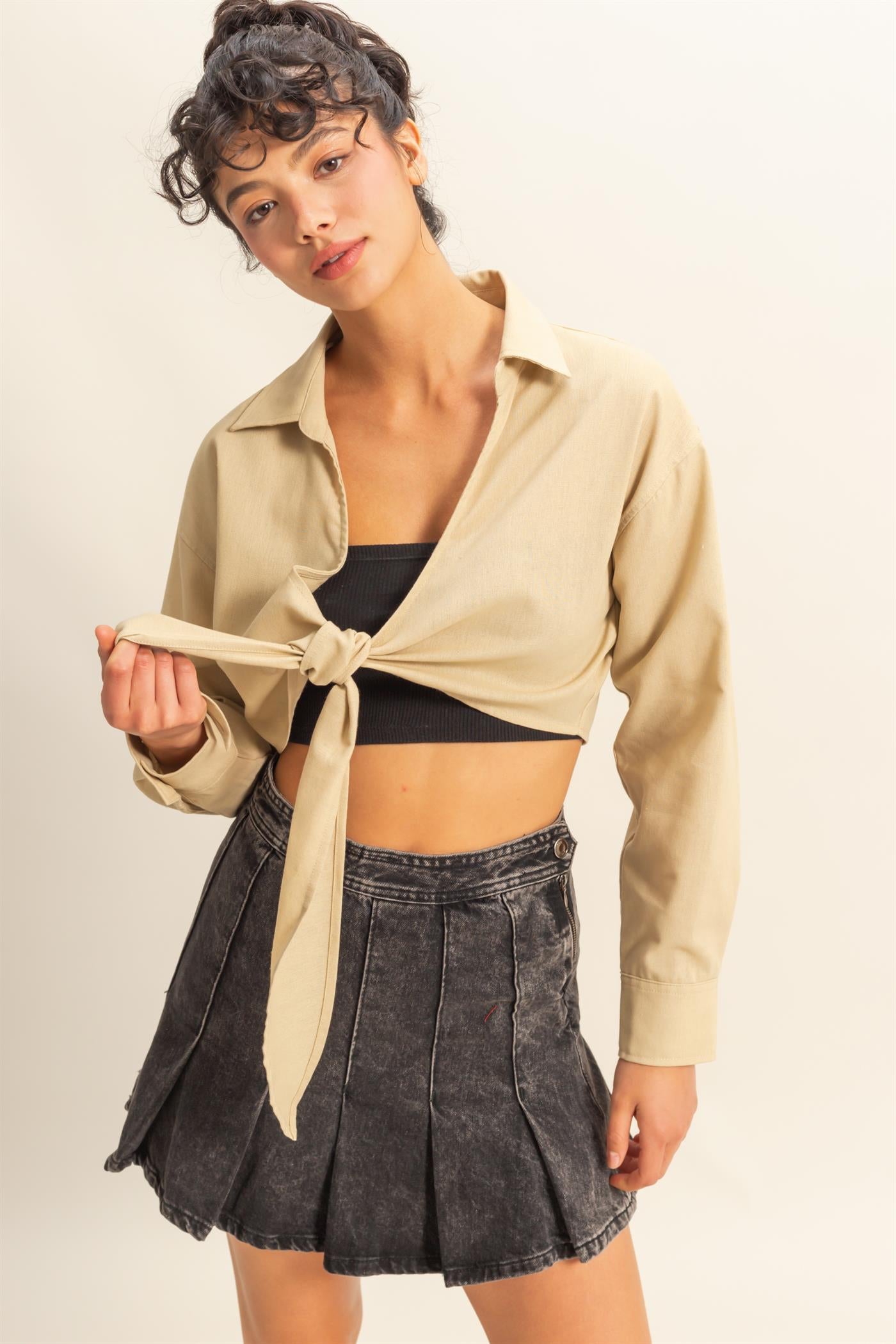 Wholesale Sand Washed Tie Front Crop Top Blouses DZ24C963 LIGHT TAUPE DOUBLE ZERO