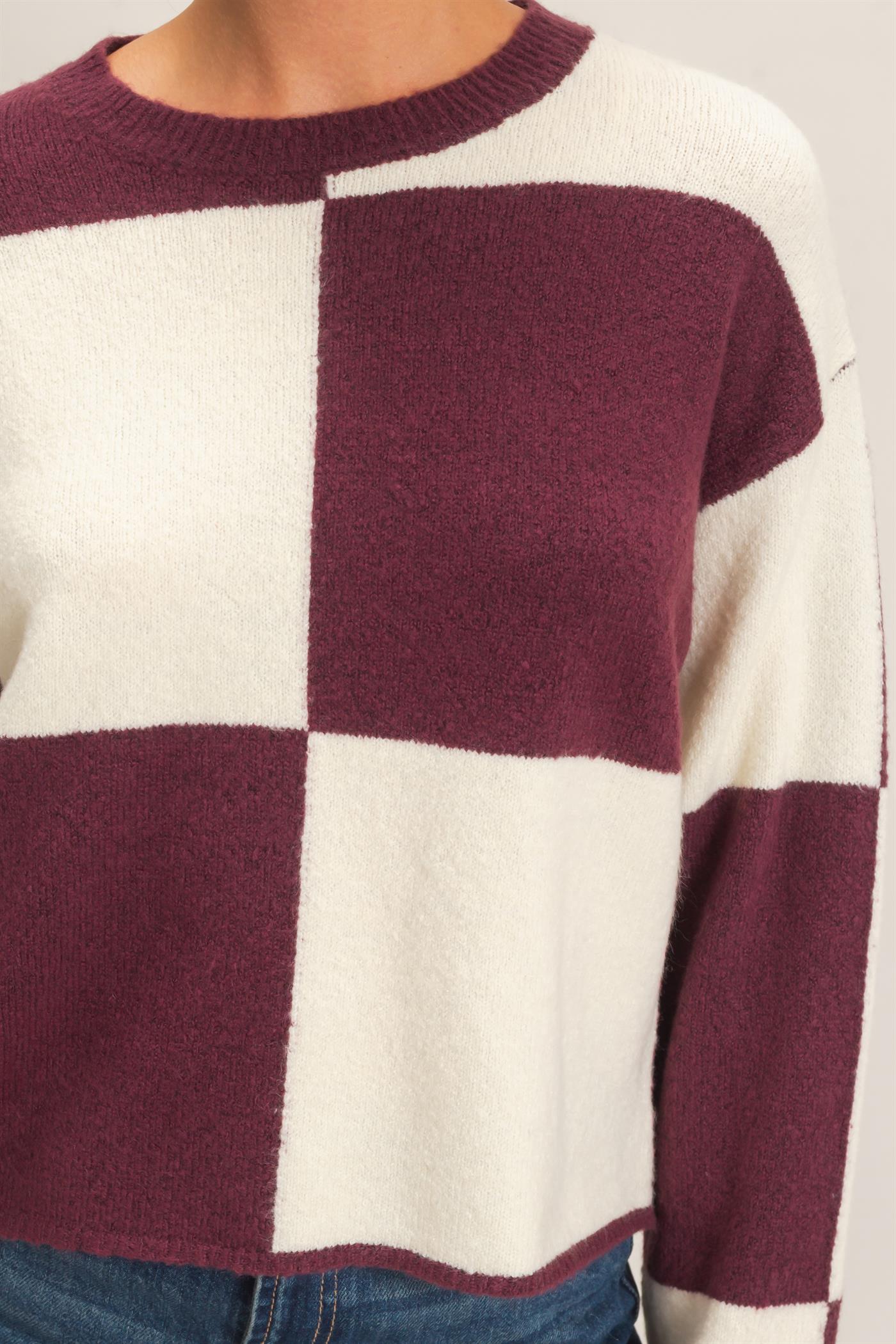 Wholesale Crew Neck Checkered Sweater Sweaters DZ26C980 DARK CHERRY DOUBLE ZERO