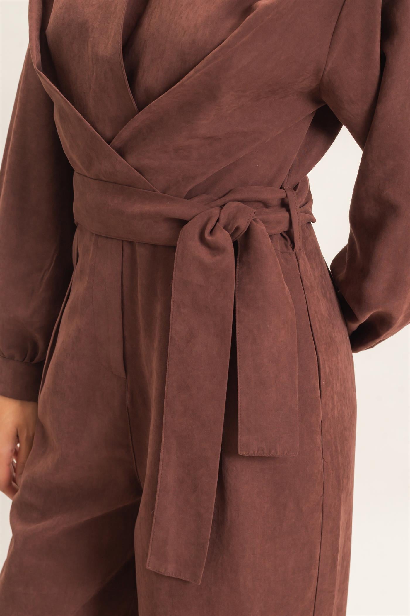Wholesale Collared Wrap Suede Jumpsuit Clothing HF26C905 BROWN HYFVE