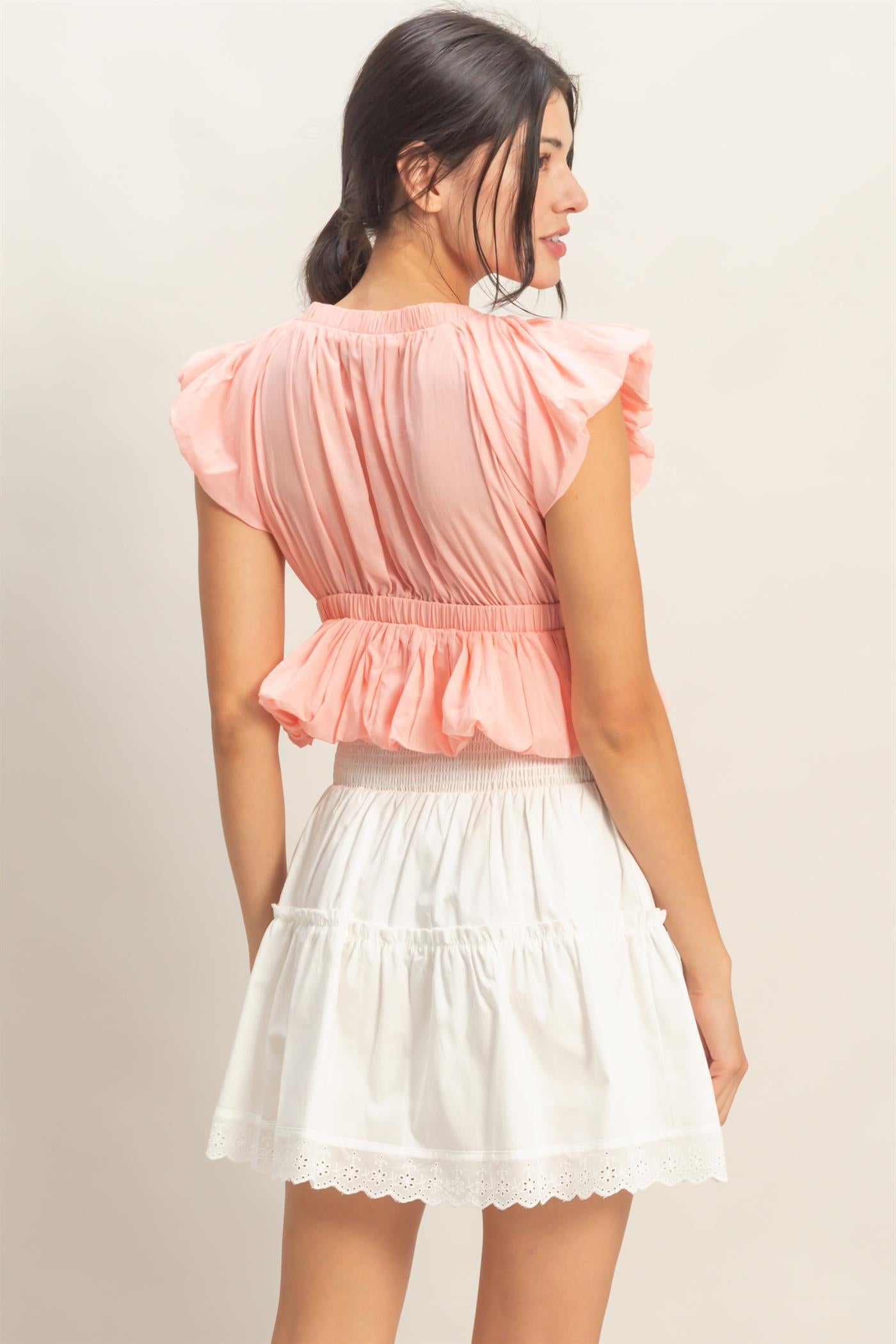Wholesale Ruched V-Neck Puff Sleeve Top Clothing Tops HF26A122 LIGHT PINK HYFVE