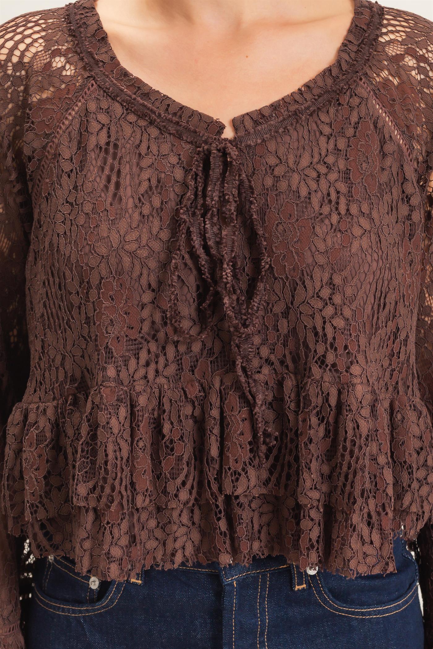 Wholesale Lace Bell Sleeve Top Blouses HF26C768 BROWN HYFVE