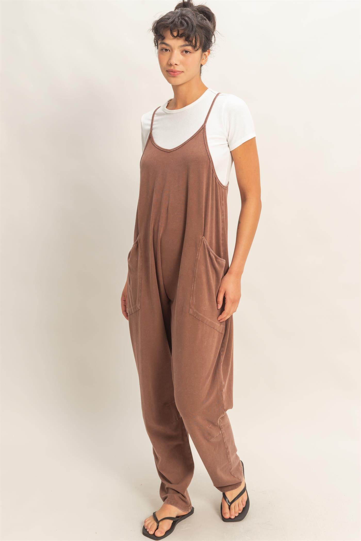 Wholesale Mineral Wash Spaghetti Strap Jumpsuit Clothing DZ26C375 CHOCOLATE DOUBLE ZERO