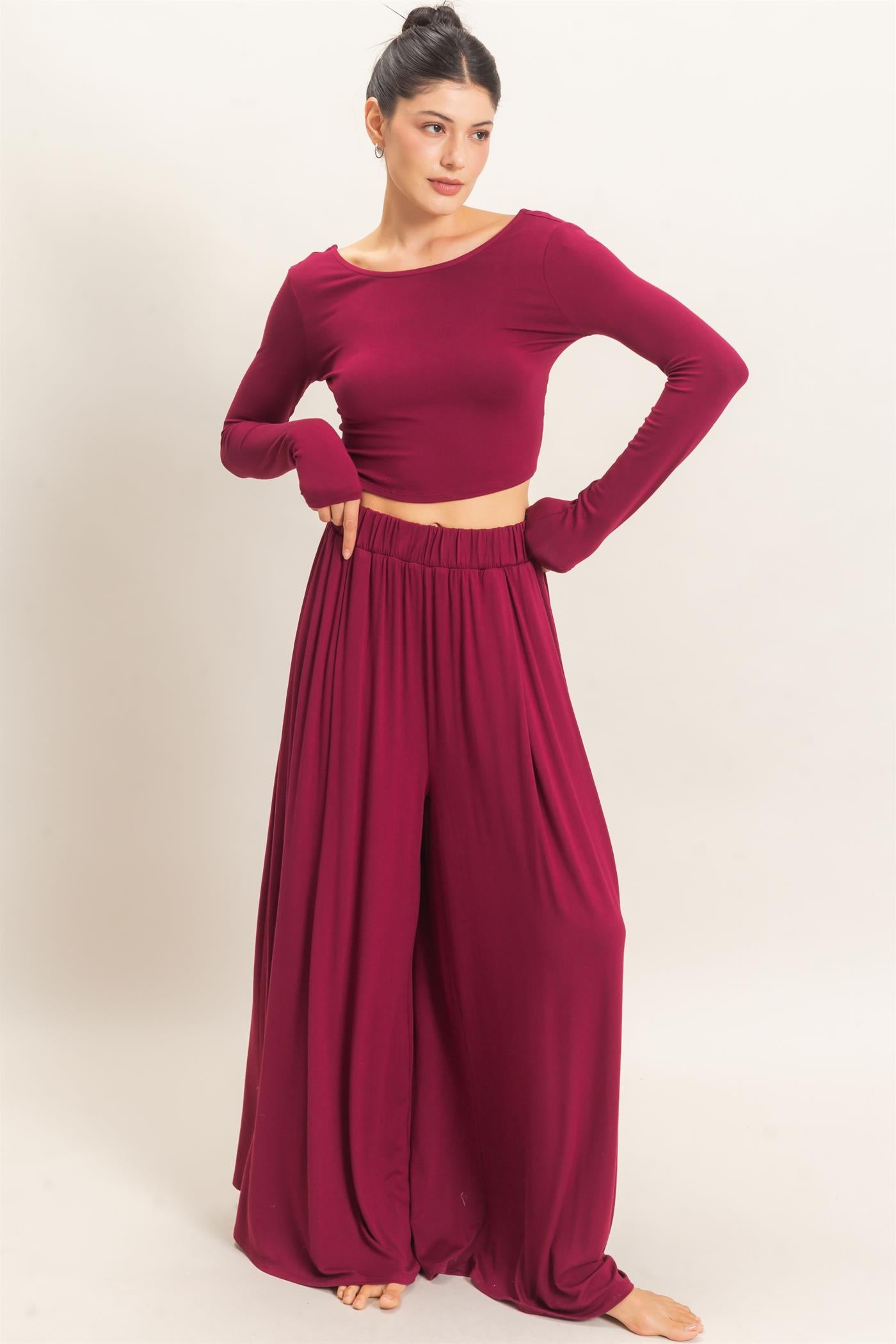 Wholesale Long Sleeve Top & Wide Leg Pants Set Clothing HF26F227-SET-D BURGUNDY HYFVE
