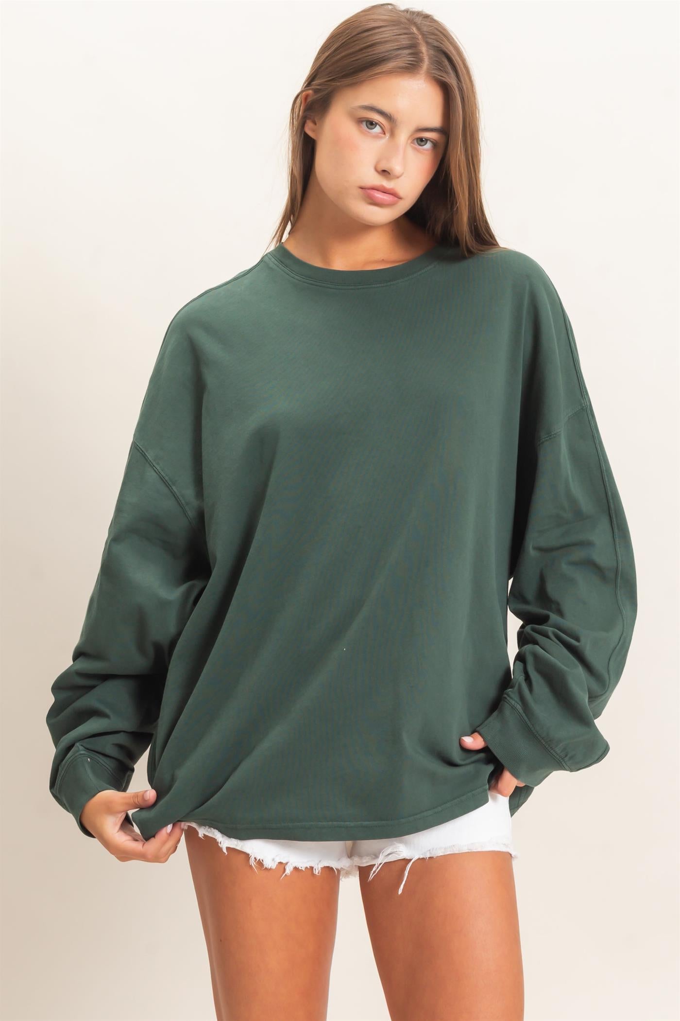 Wholesale Pigment Dye Oversized Long Sleeve Top Clothing Tops DZ26A825 DARK GREEN DOUBLE ZERO