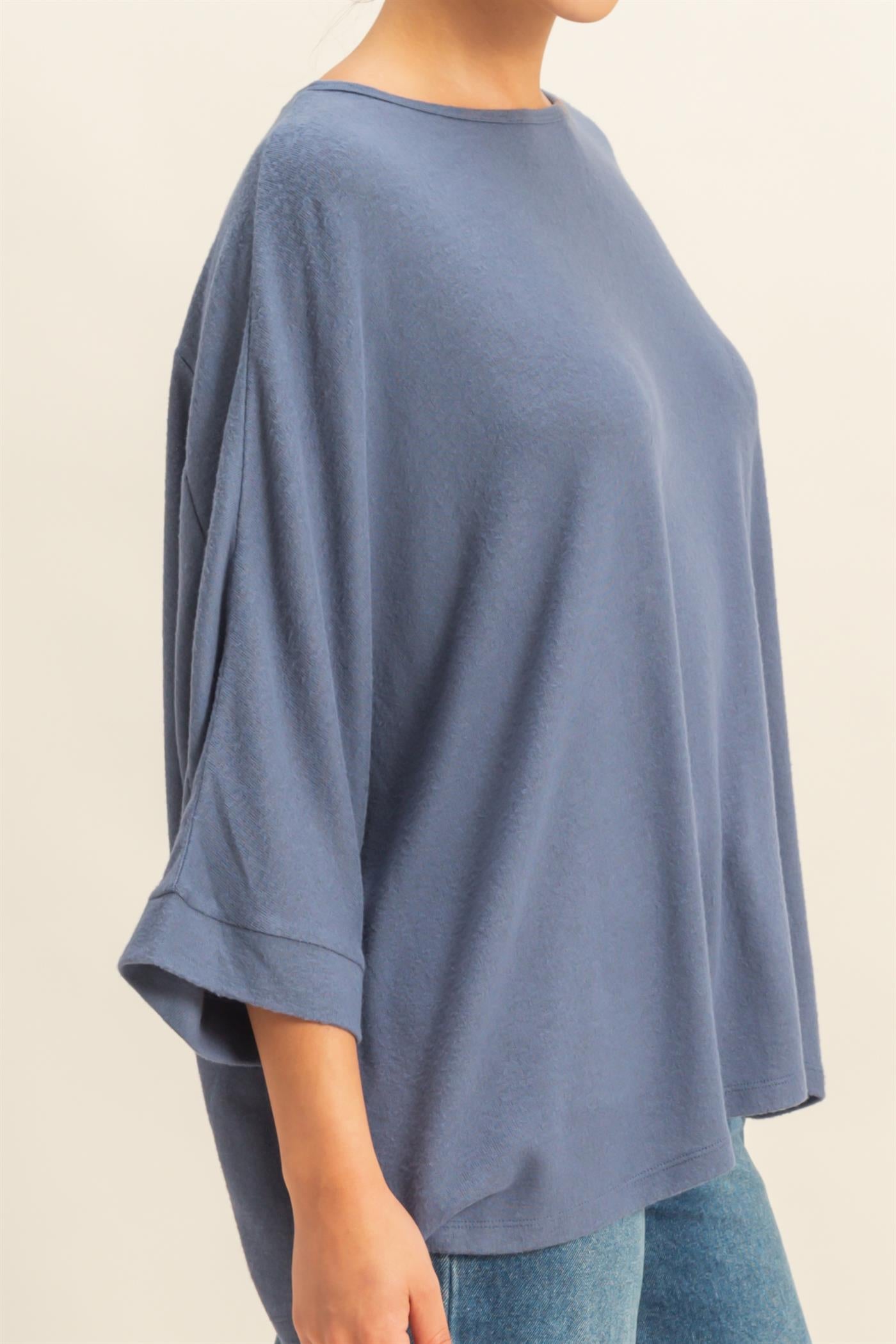 Wholesale Batwing 3/4 Sleeve Oversized Top Clothing Tops DZ25E133 DUSTY NAVY DOUBLE ZERO