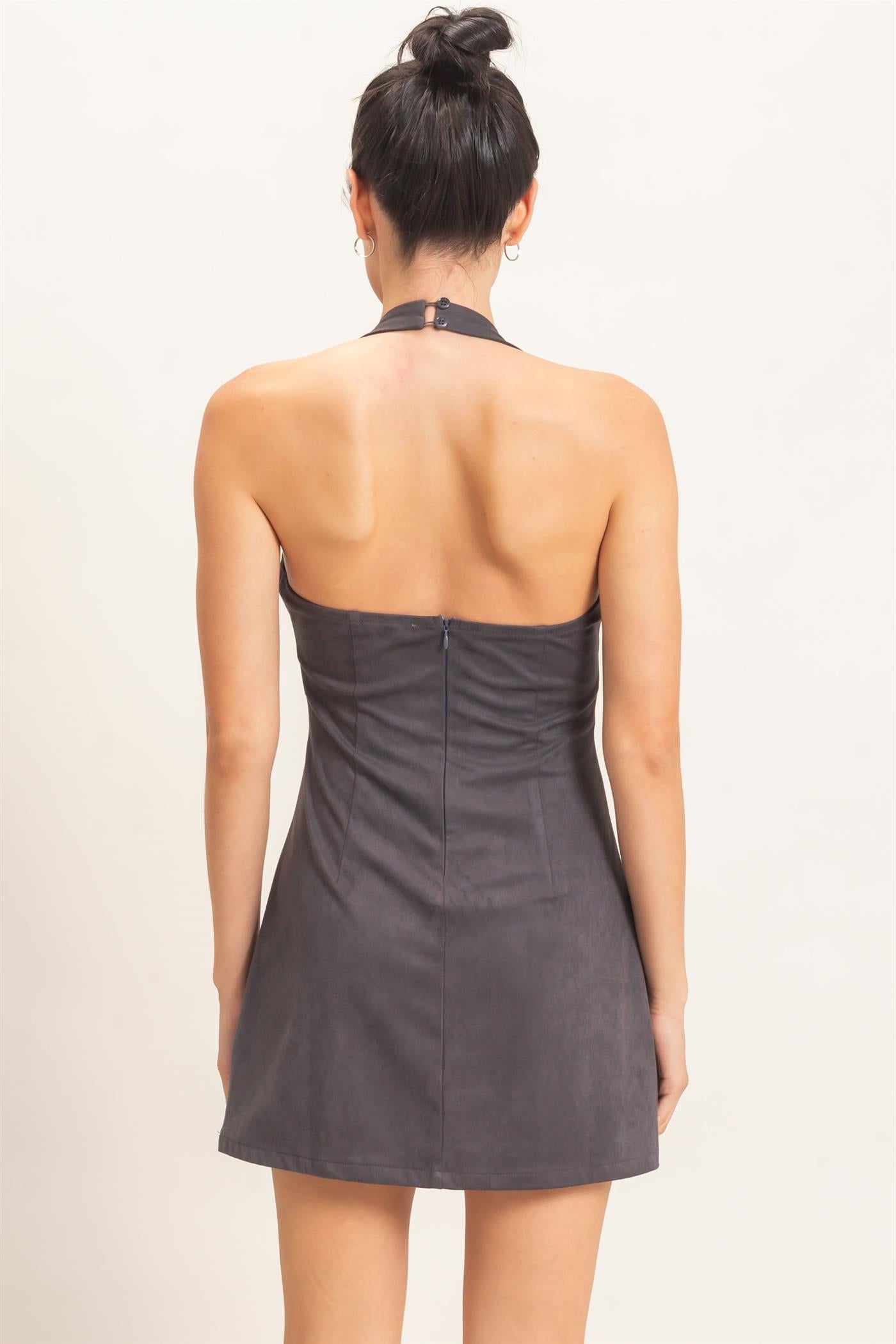 Wholesale Suede V-Neck Halter Dress Dresses HF26E500 CHARCOAL HYFVE