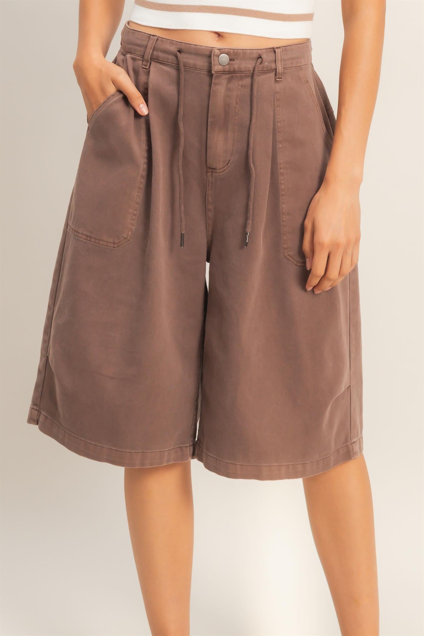 Wholesale Drawstring Waist Wide Leg Jorts Shorts DZ26F283 CHOCOLATE DOUBLE ZERO