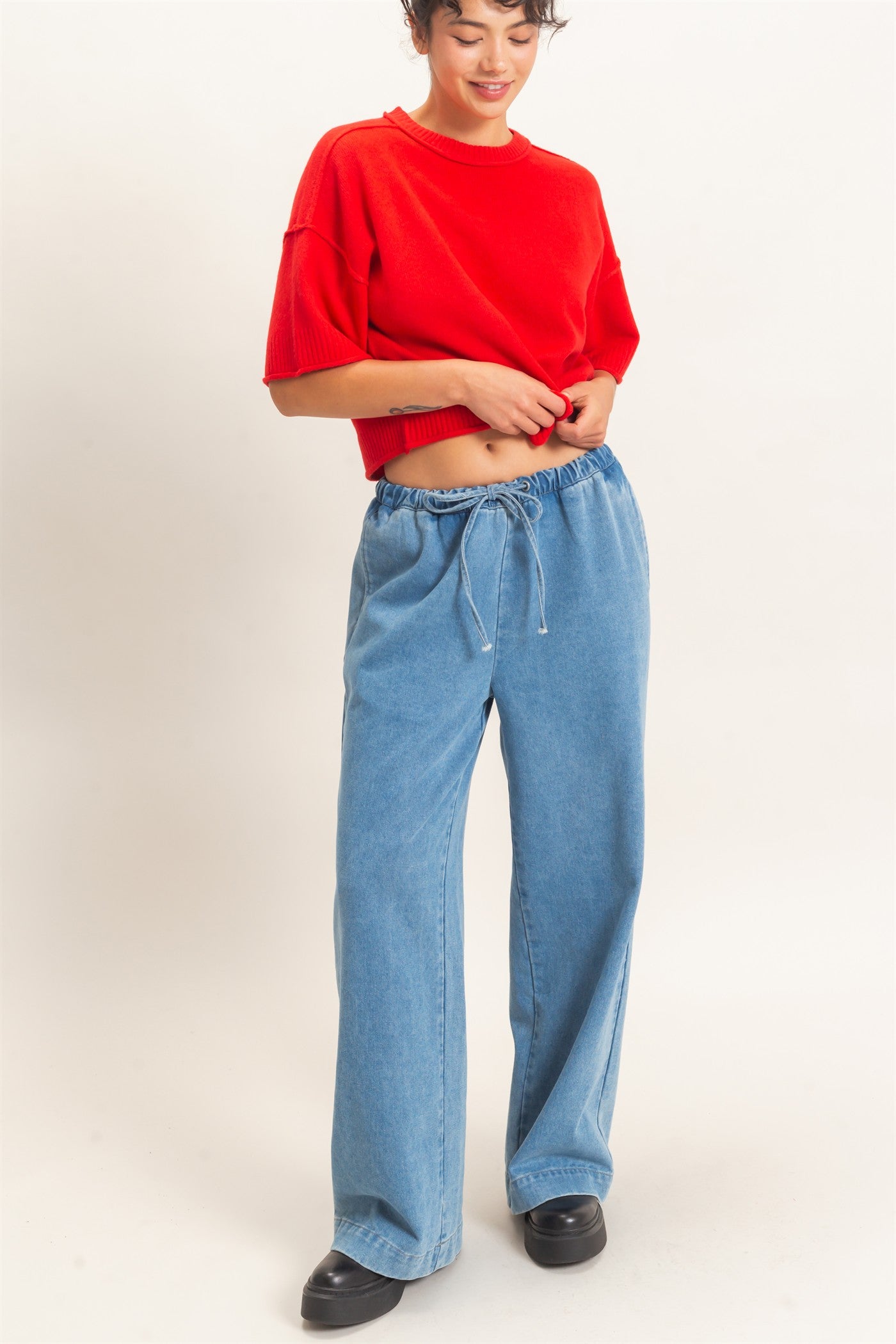Wholesale Elastic Waist Wide Leg Denim Pants Pants DZ26E331 MEDIUM BLUE DOUBLE ZERO