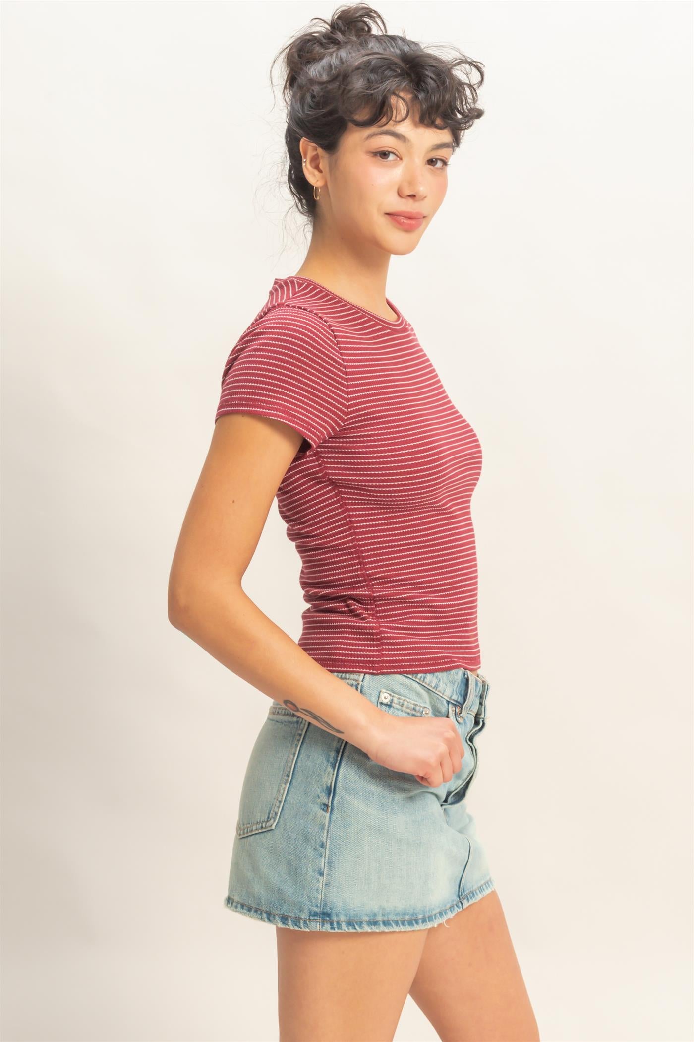 Wholesale Striped Ribbed Crew Neck Top Clothing Tops DZ26C281 DARK RED DOUBLE ZERO