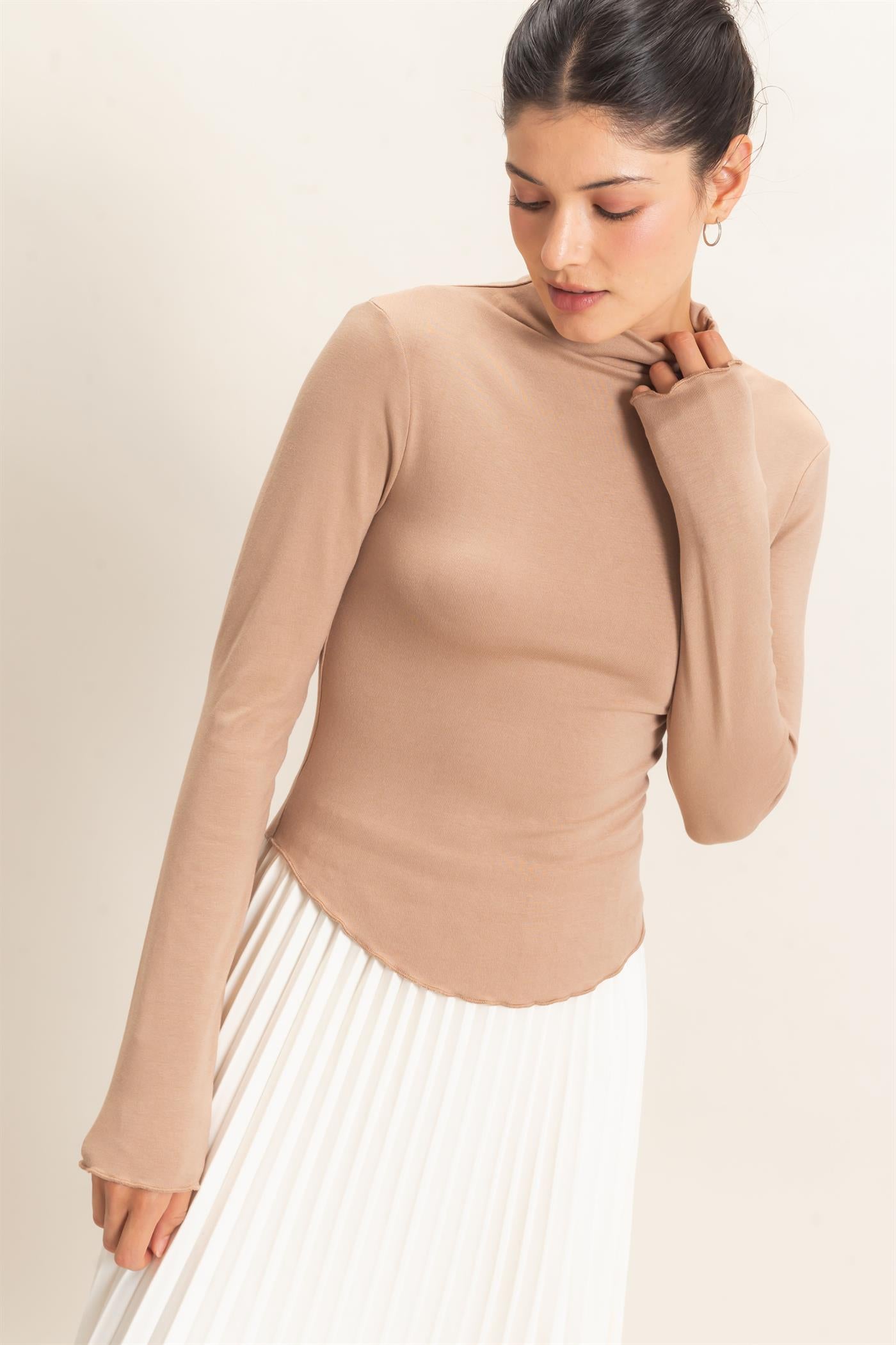 Wholesale Long Sleeve Lettuce Hem Top Clothing Tops HF26F122 LIGHT BROWN HYFVE