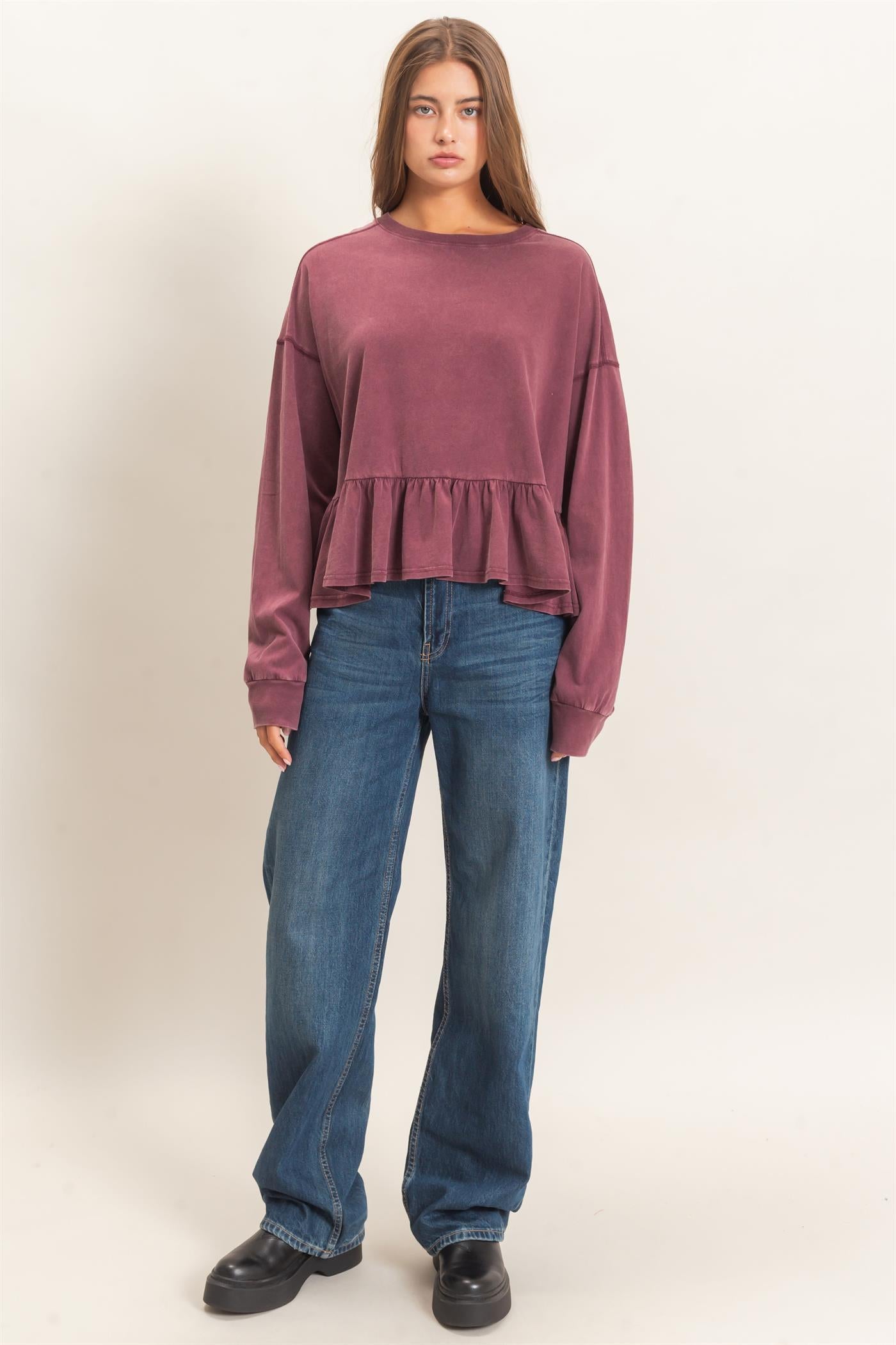 Wholesale Peplum Long Sleeve Top Clothing Tops DZ26F397 DARK CHERRY DOUBLE ZERO