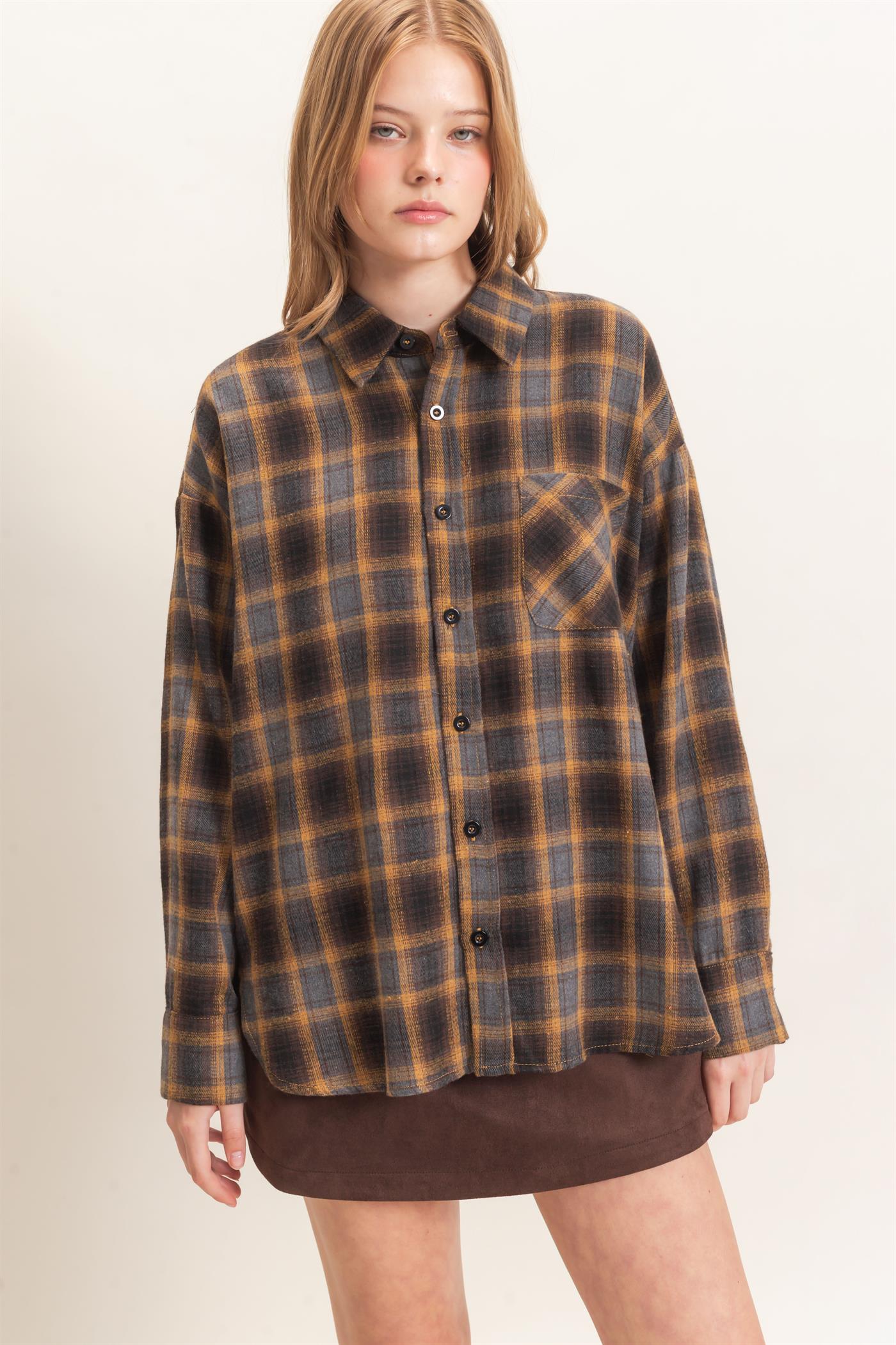 Wholesale Plaid Button-Up Shirt Clothing Tops HF26F017 MUSTARD HYFVE