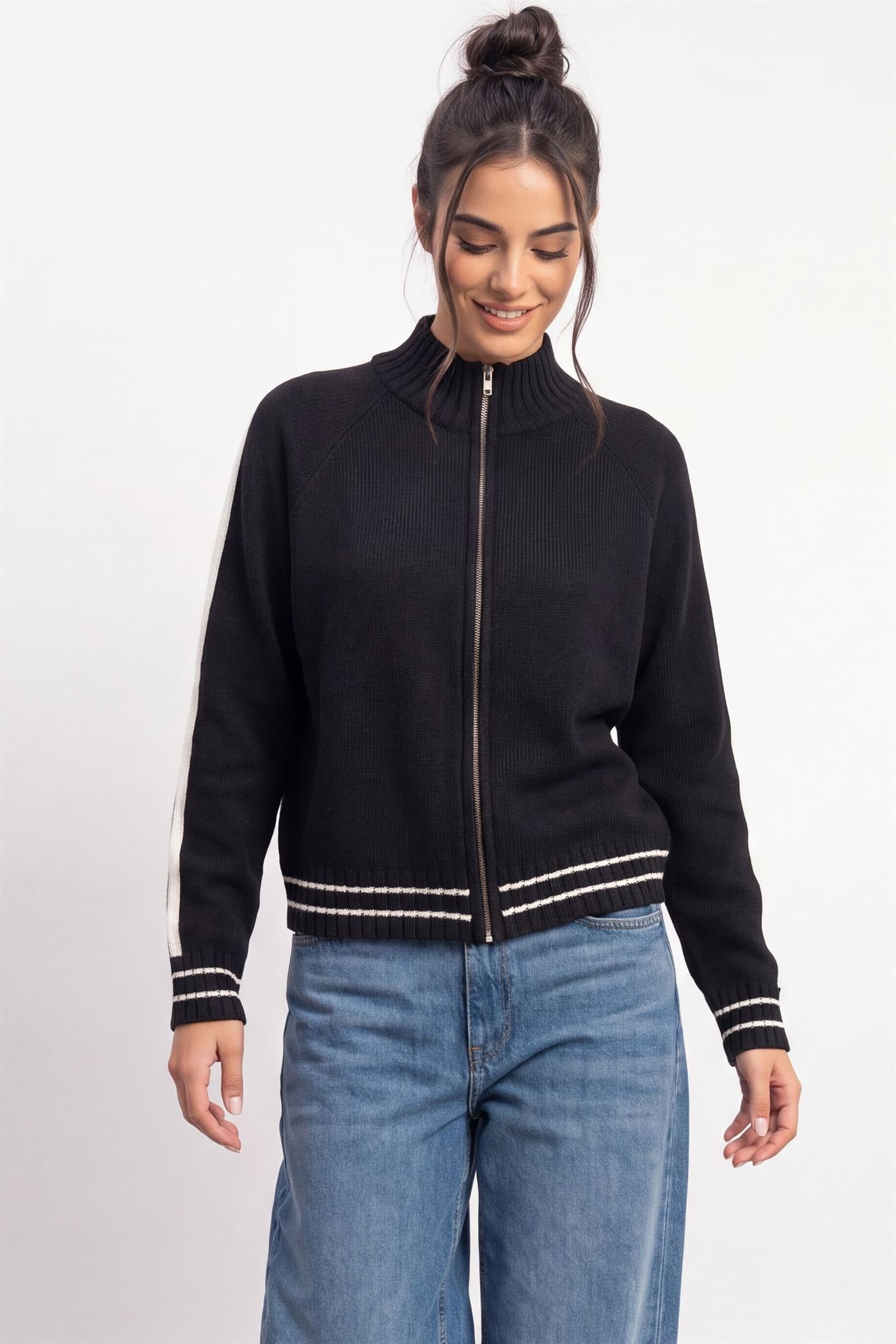 Wholesale Contrast Stripe Zip-Up Sweater Sweaters DZ26E861 BLACK DOUBLE ZERO