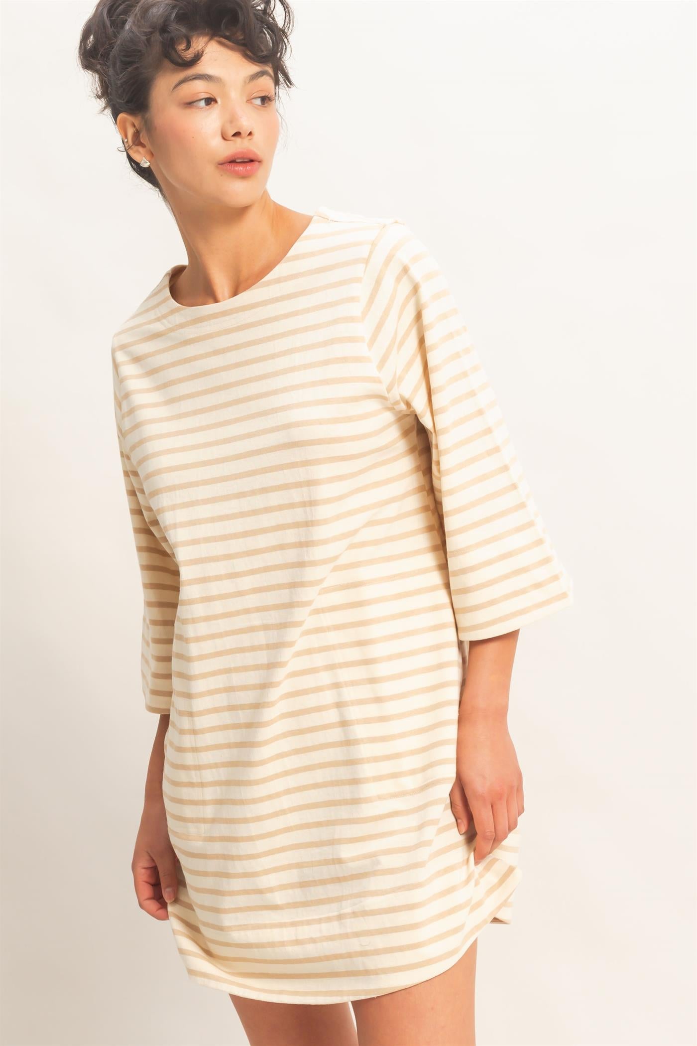 Wholesale Striped Round Neck Half-Sleeve Mini Dress Dresses DZ26A460 TAUPE DOUBLE ZERO