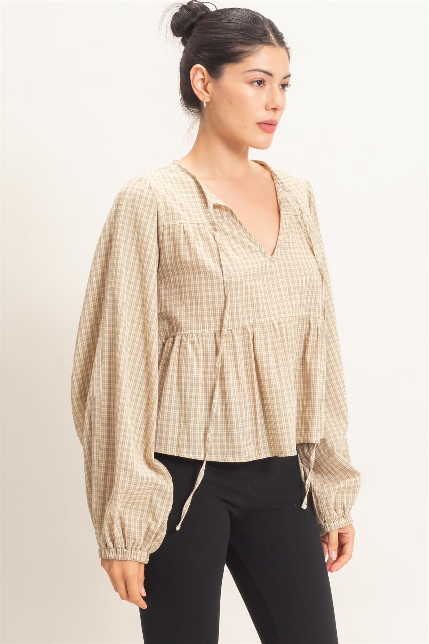 Wholesale Checkered Tie Neck Top Clothing Tops HF26E732 CREAM HYFVE