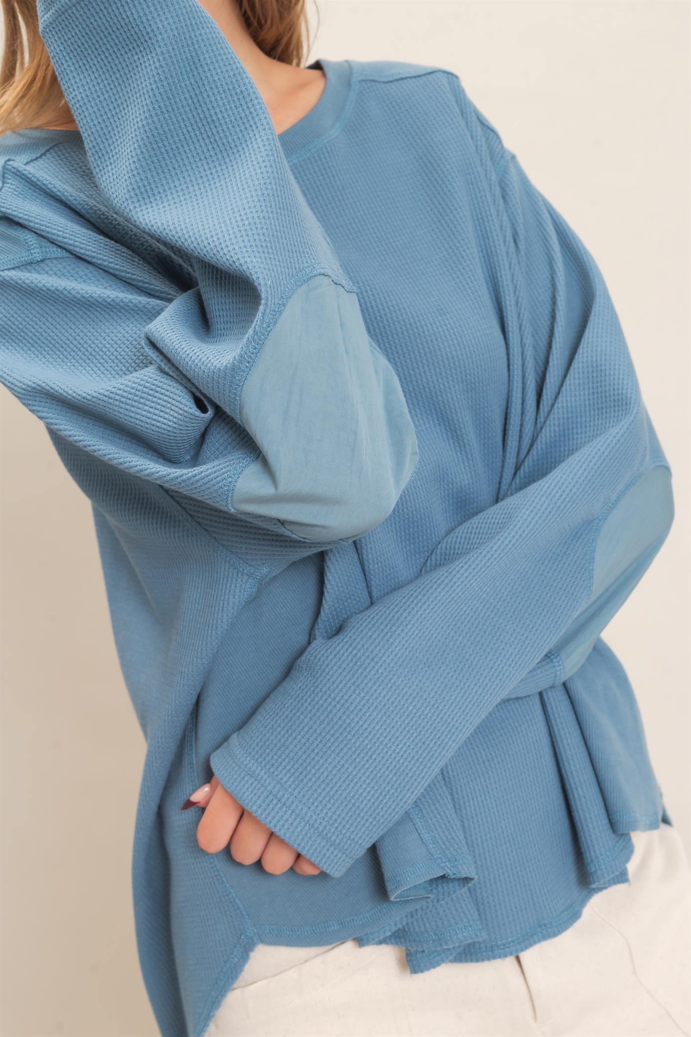 Wholesale Waffle Knit Crew Neck Top Clothing Tops HF26E078 BLUE HYFVE