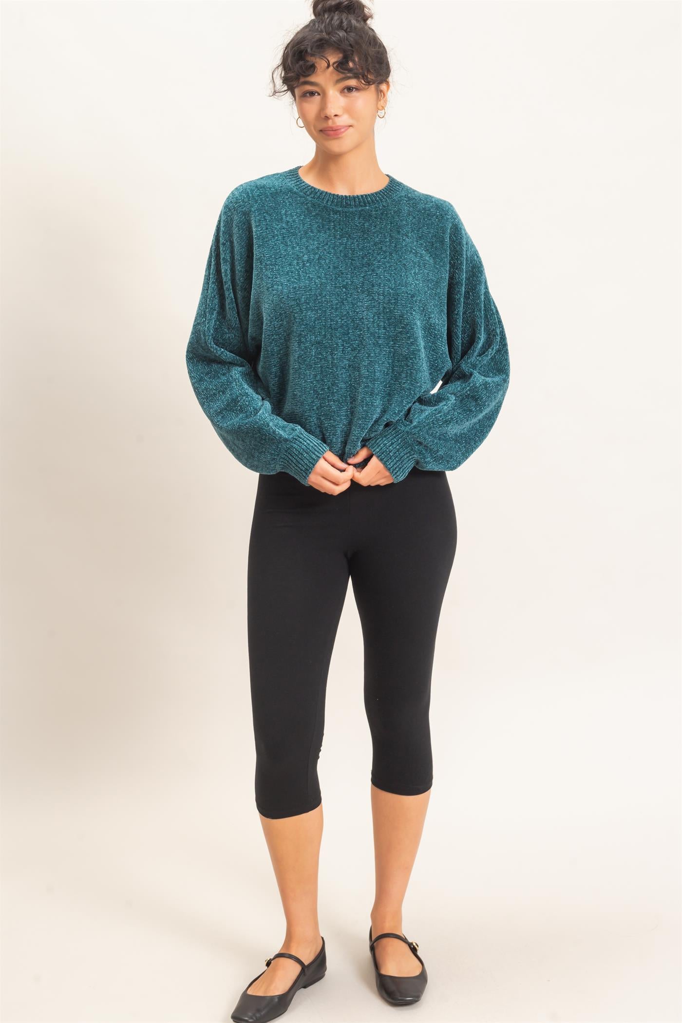 Wholesale Chenille Crew Neck Sweater Sweaters DZ26E264 DARK TEAL DOUBLE ZERO
