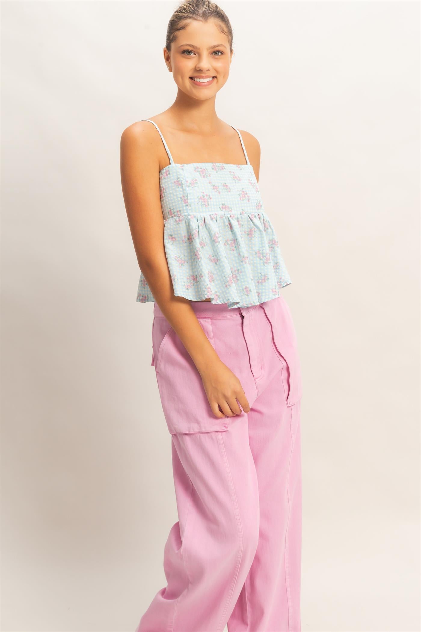 Wholesale Floral Seersucker Babydoll Top Clothing Tops HF26A416 BLUE HYFVE