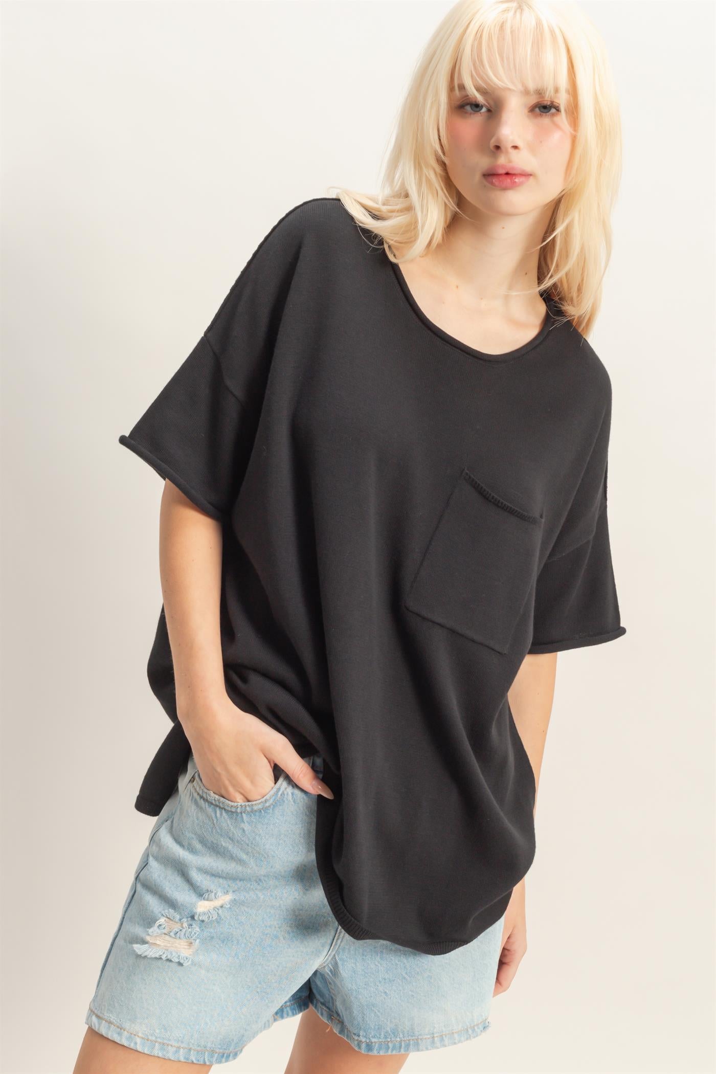 Wholesale Oversized Short Sleeve Round Neck Pocket Knit Top Clothing Tops DZ26A691 BLACK DOUBLE ZERO