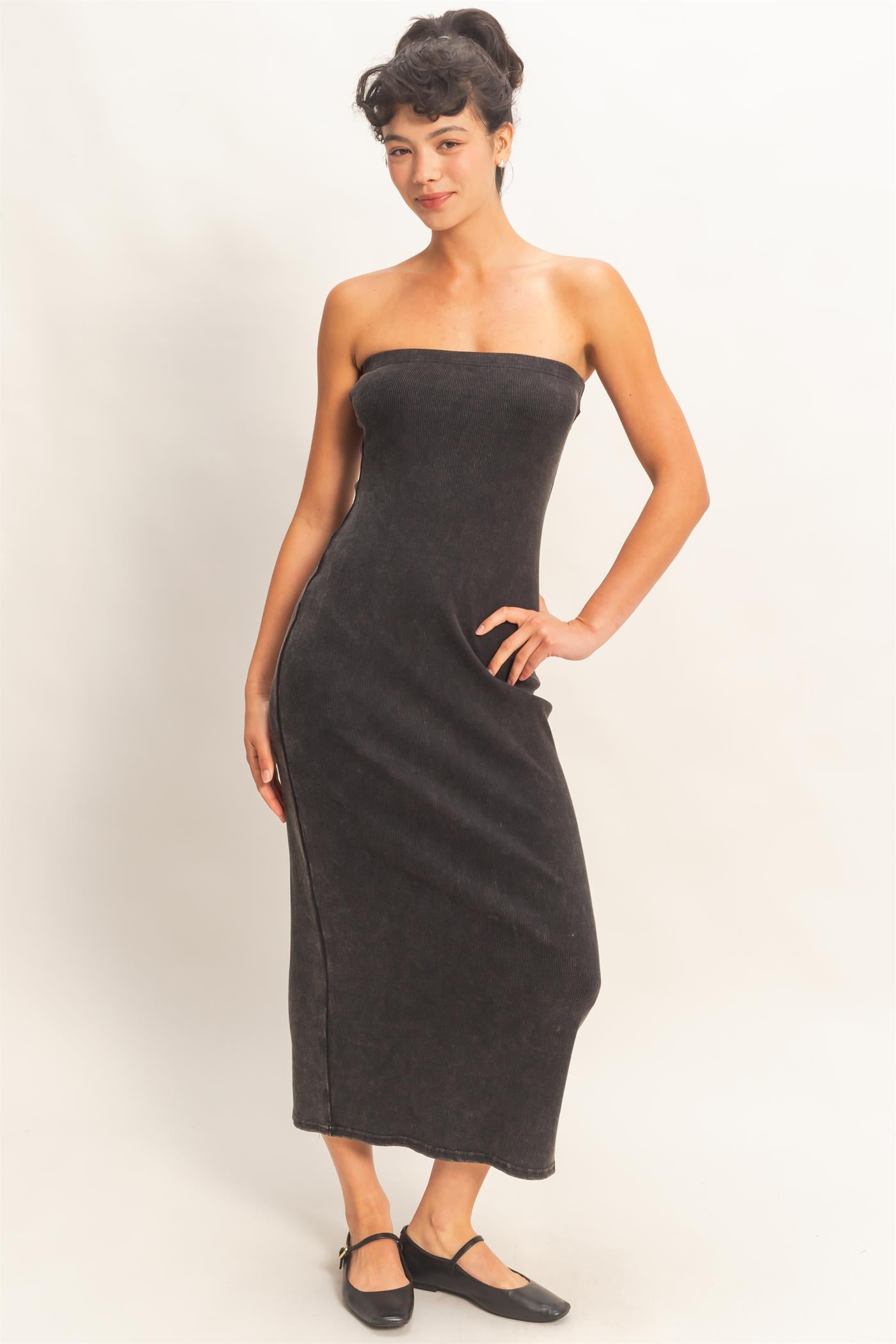 Wholesale Acid Washed Ribbed Midi Tube Dress Dresses DZ26C620 BLACK DOUBLE ZERO