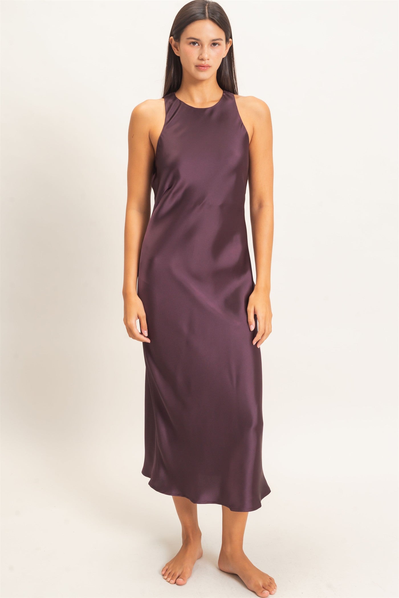 Wholesale Sleeveless Satin Midi Dress Dresses DZ26E257 DARK CHERRY DOUBLE ZERO