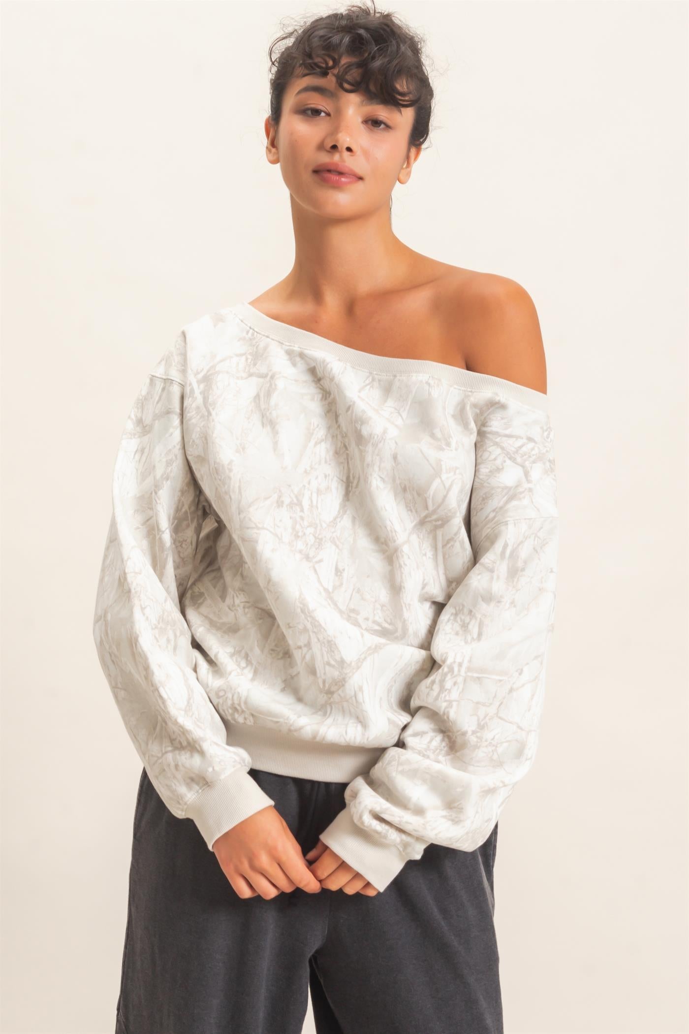Wholesale Tree Camouflage Print Off The Shoulder Sweatshirt Sweatshirts DZ26F310 GRAY DOUBLE ZERO